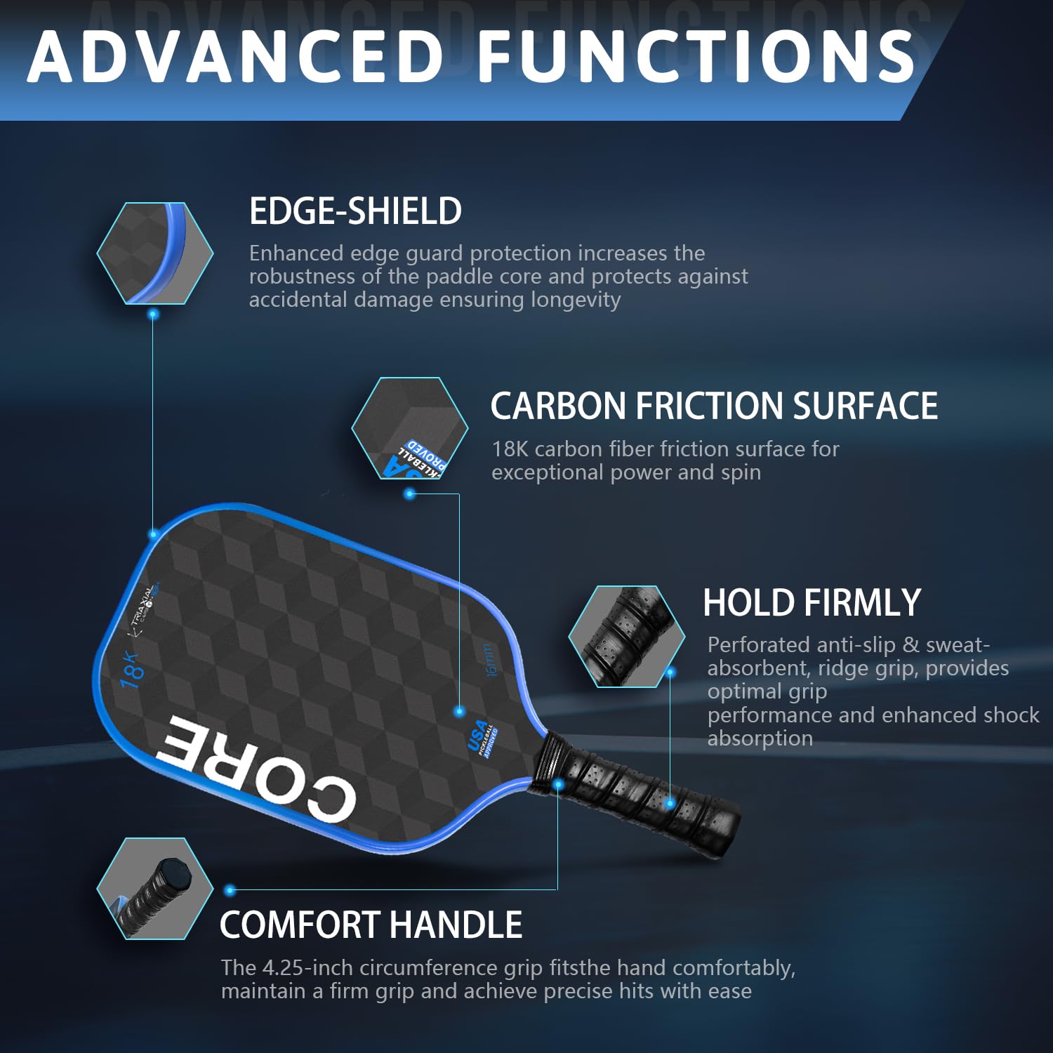 WINPICK USAPA Approved Pickleball Paddle - T700 Carbon Fiber Thermoformed Racket with High Spin & Power, 16mm Polypropylene Honeycomb Core, Anti-Slip Comfort Grip - Perfect for Competitive Play & Recreational Games