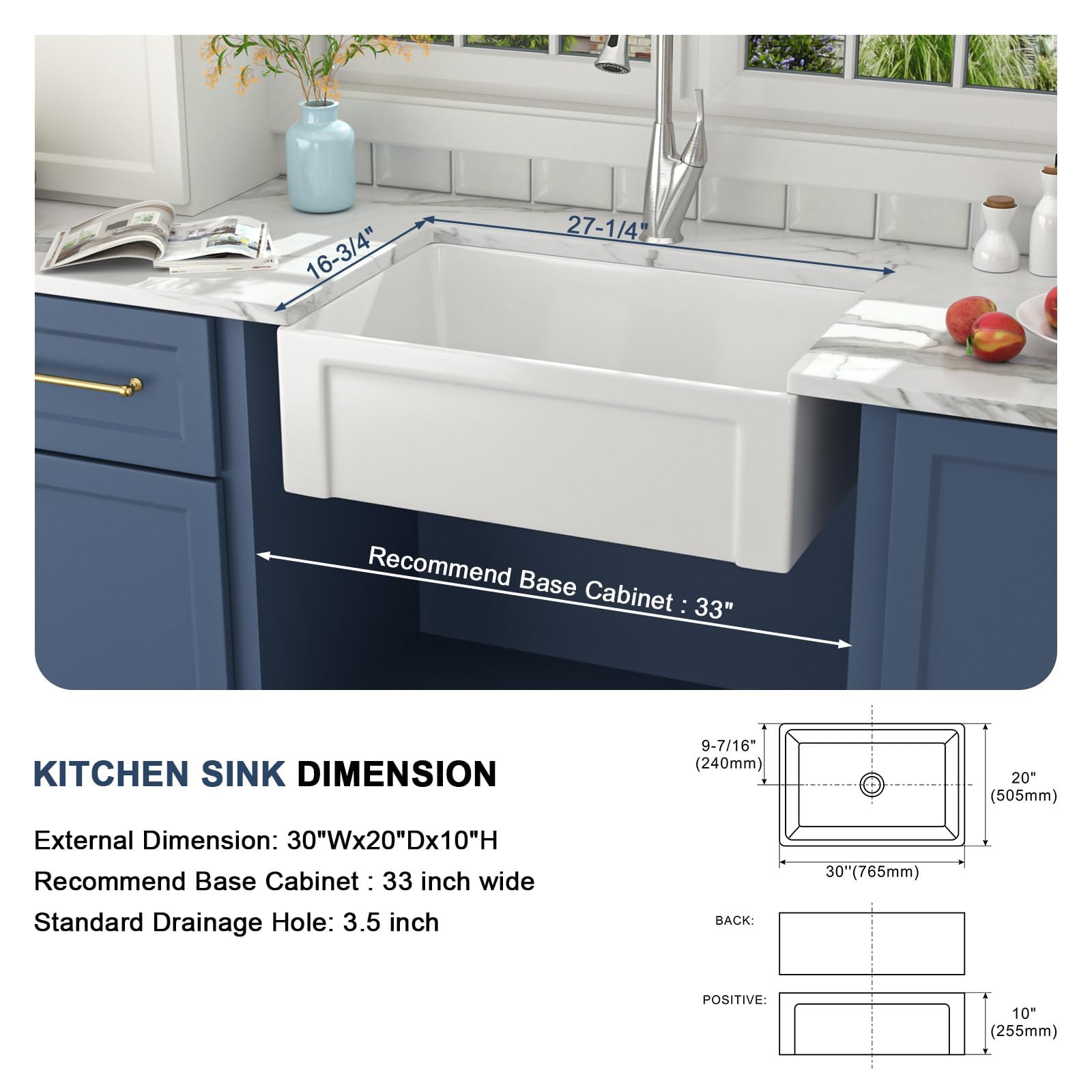 Lordear 30-inch White Farmhouse Kitchen Sink - Fireclay Ceramic Apron-Front Single Bowl Reversible Design for Modern Farmhouse & Rustic Kitchens | Perfect for Cooking, Baking & Entertaining