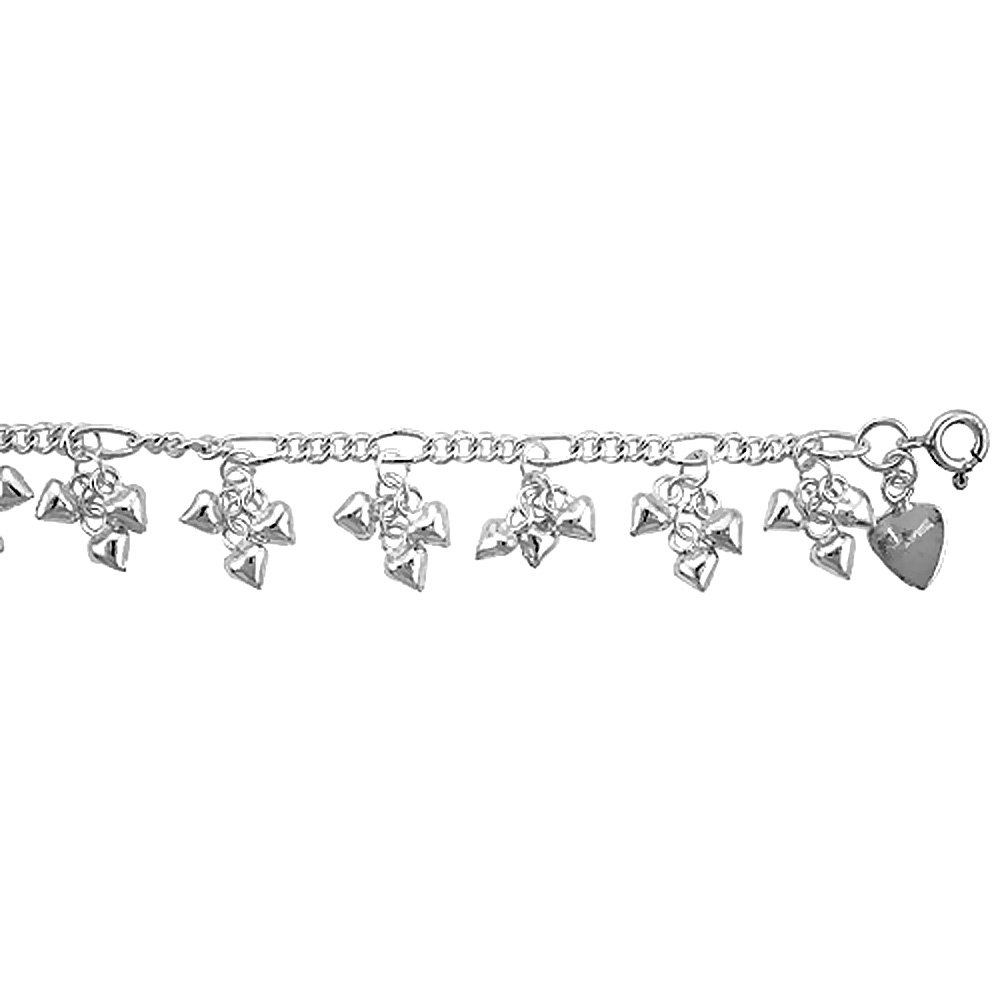 Sterling Silver Dangling Teeny Heart Clusters Anklet for Women - 15mm Drop Adjustable 9-10 Inch Ankle Bracelet - Perfect for Valentine's Day, Anniversary Gifts & Everyday Elegance