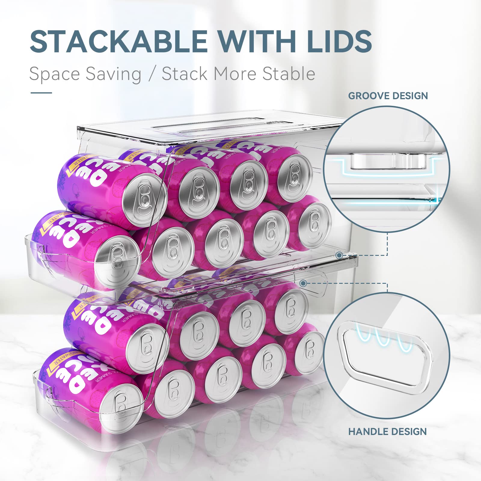 Stackable Clear Plastic Soda Can Dispenser for Refrigerator - 2-Pack Drink Organizer with Lids for Fridge, Freezer, Pantry & Kitchen Cabinets - Perfect for Organizing Cans, Bottles & Beverages in Home or Office