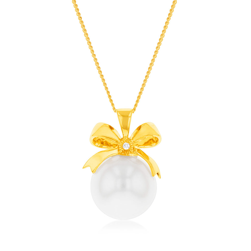 14-15mm White South Sea Pearl & Diamond Bow Pendant in 9ct White Gold with 45cm Chain - Elegant Jewelry Gift for Women, Perfect for Weddings, Anniversaries & Special Occasions