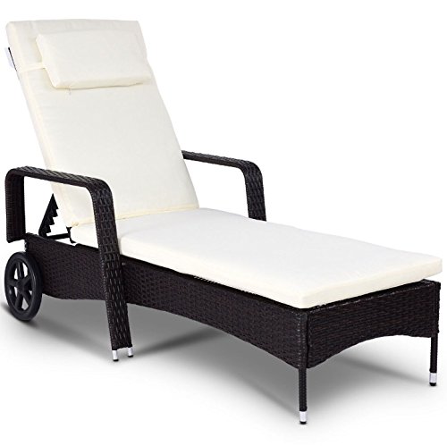 Premium Outdoor Chaise Lounge Chair with Thick Cushion - 6 Adjustable Ergonomic Backrest Positions, 2 Wheels & Rattan Design - Perfect for Patio, Garden, Backyard, Poolside & Beach Relaxation - Durable All-Weather Furniture for Outdoor Decor