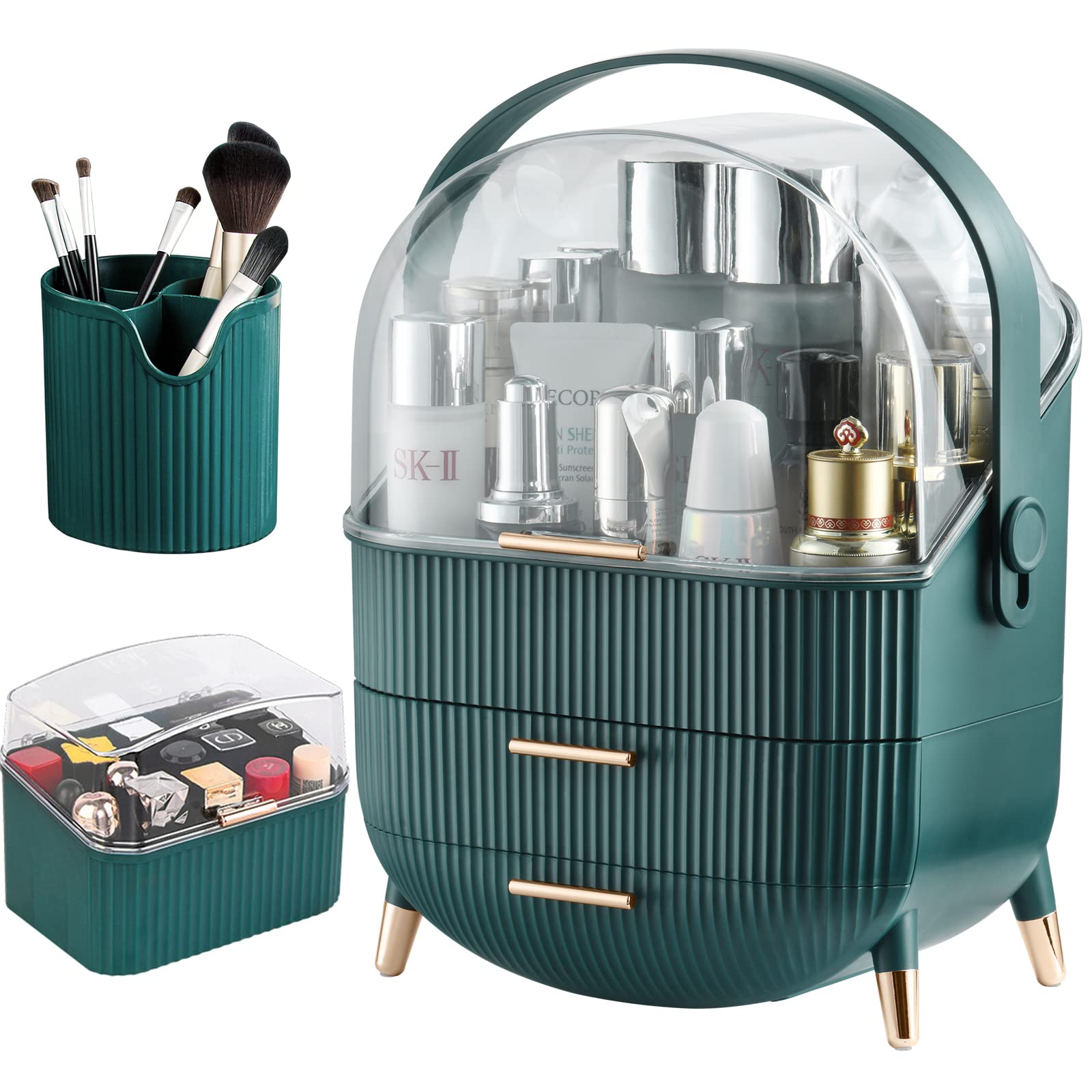 CANITORON Makeup Storage Organizer - Cosmetic Display Case with Brush Holder, Lipstick Organizer & Clear Cover | Skincare & Beauty Organizer for Bathroom Countertop, Bedroom Vanity Desk & Travel | T3 Green | Perfect for Makeup Artists & Daily Beauty Routine