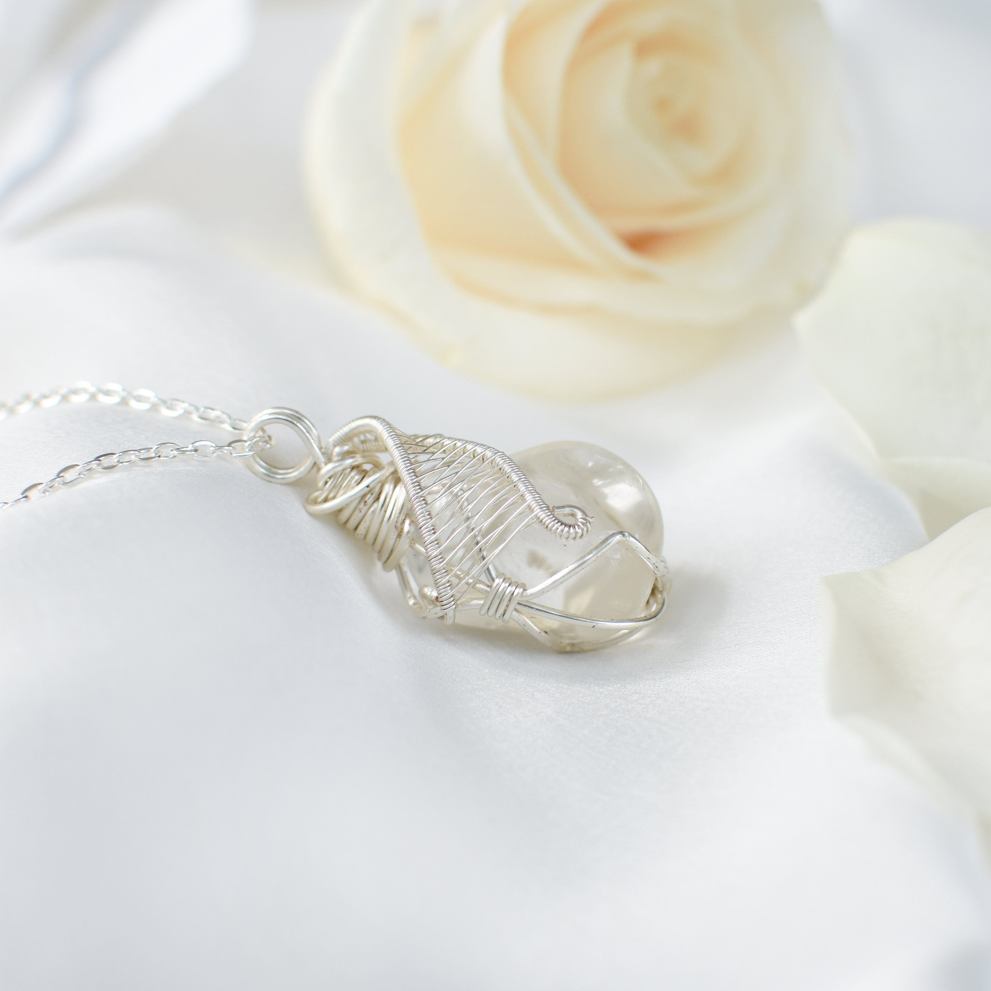 Rock Crystal Silver Pendant Necklace - Clear Quartz Healing Stone Jewelry for Women, Gift for Her | Spiritual Protection, Meditation & Energy Balancing