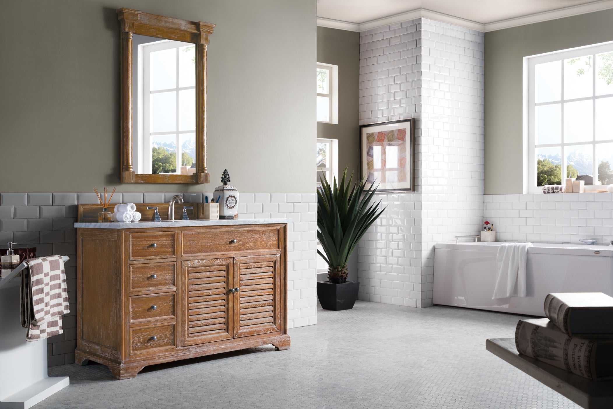 Savannah 48 Inch Driftwood Single Bathroom Vanity with 3CM Carrara Marble Top - Perfect for Modern Farmhouse, Coastal, or Transitional Style Bathrooms