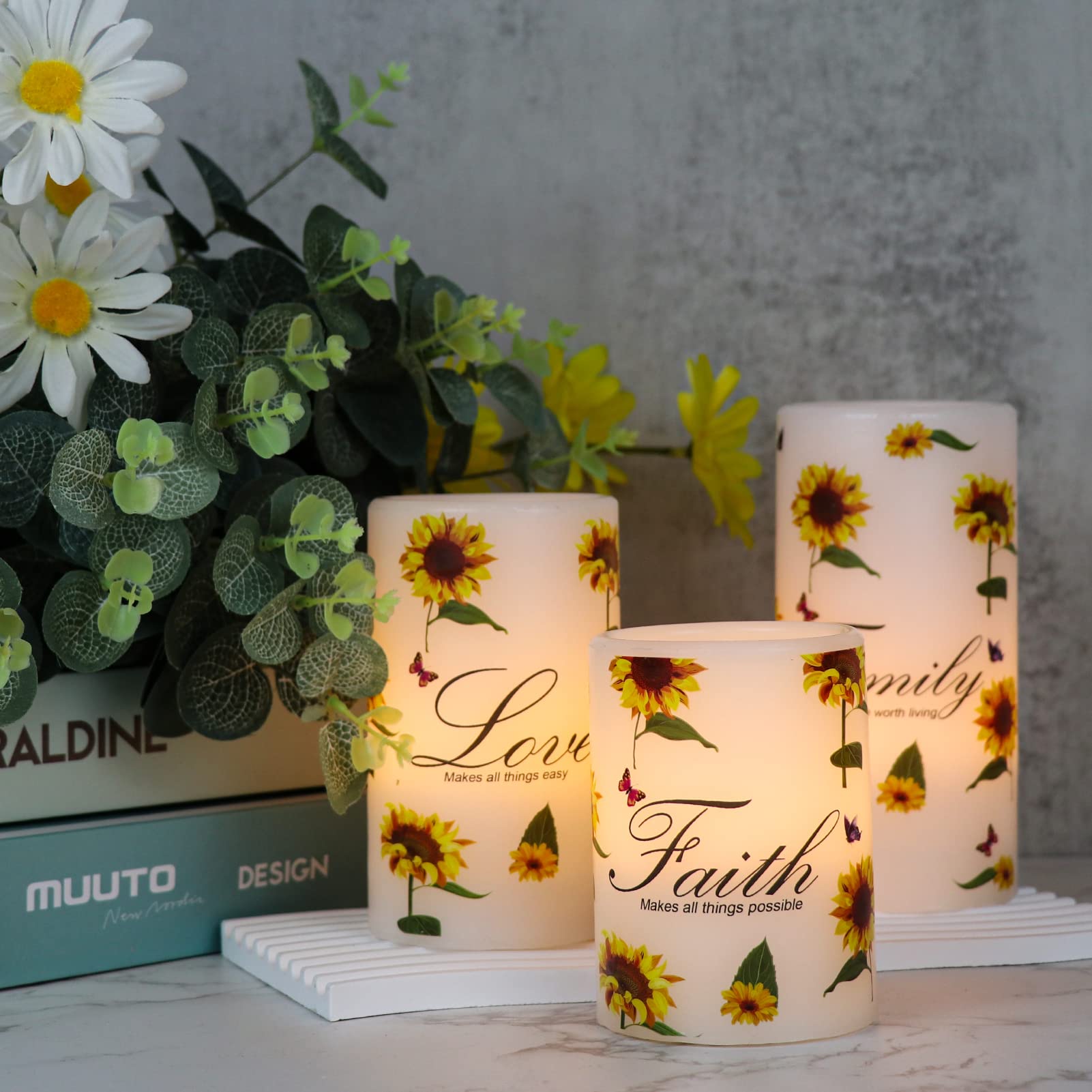 Wondise Flameless LED Pillar Candles with Timer - Set of 3 Real Wax Sunflower Design Battery Operated Candles for Home Decor, Wedding Centerpieces & Romantic Ambiance
