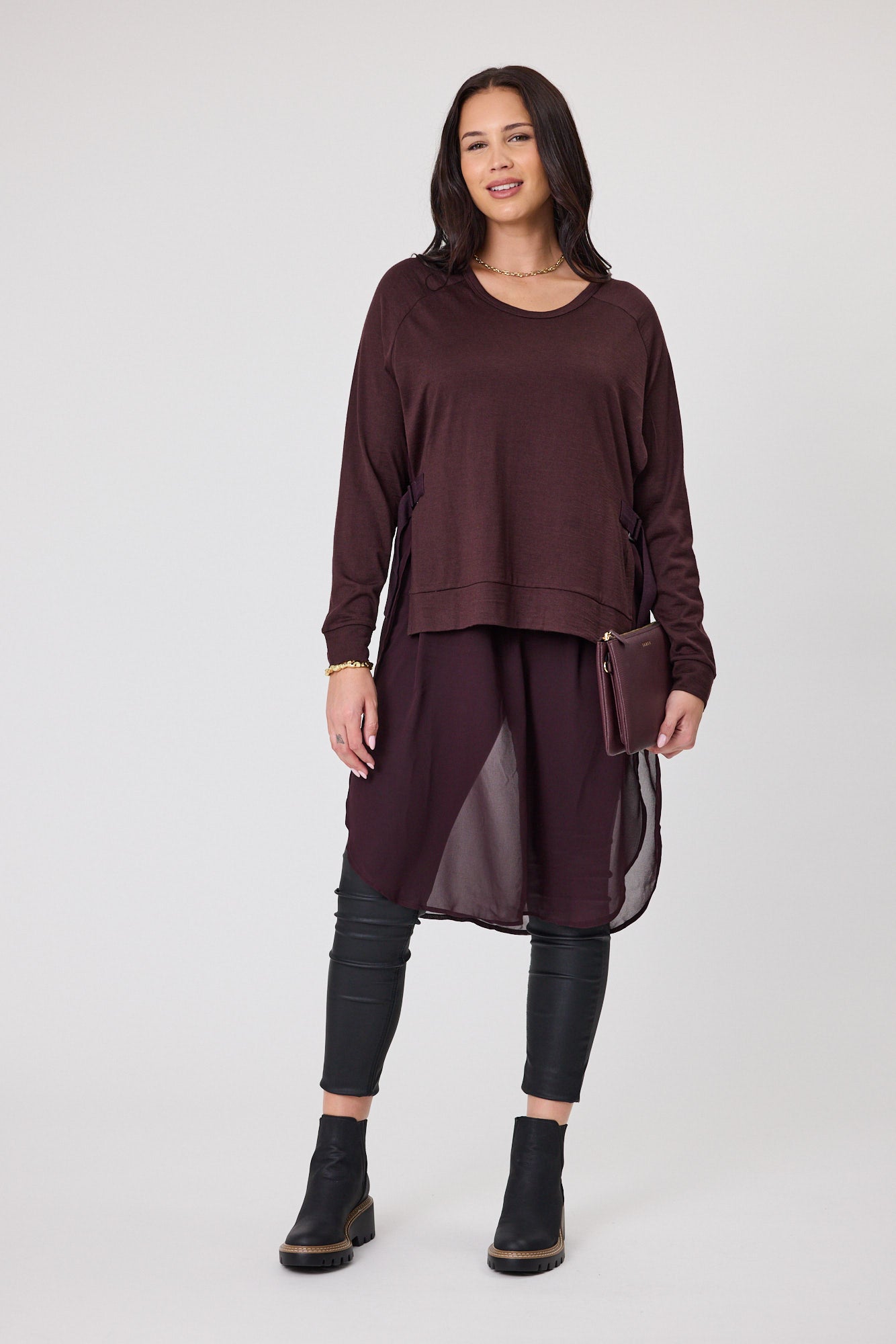 Alpine by Shine On Paris Women's Merino Wool & Chiffon Blend Tunic Top in Chocolate Brown - Perfect for Casual Outings & Office Wear