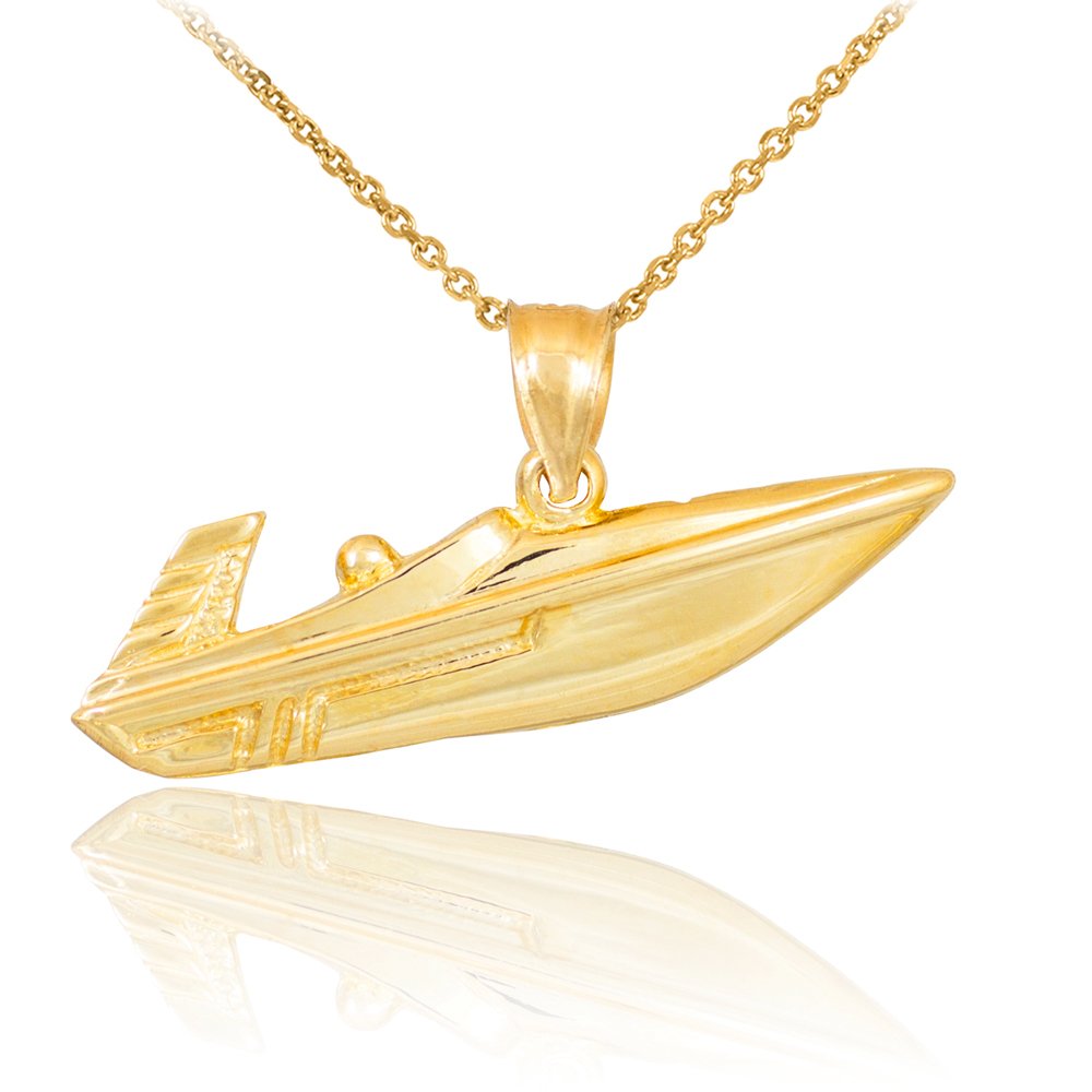 14K Yellow Gold Speed Boat Pendant Necklace - Elegant Nautical Jewelry for Women - Perfect for Beach Vacations, Boat Parties & Summer Fashion