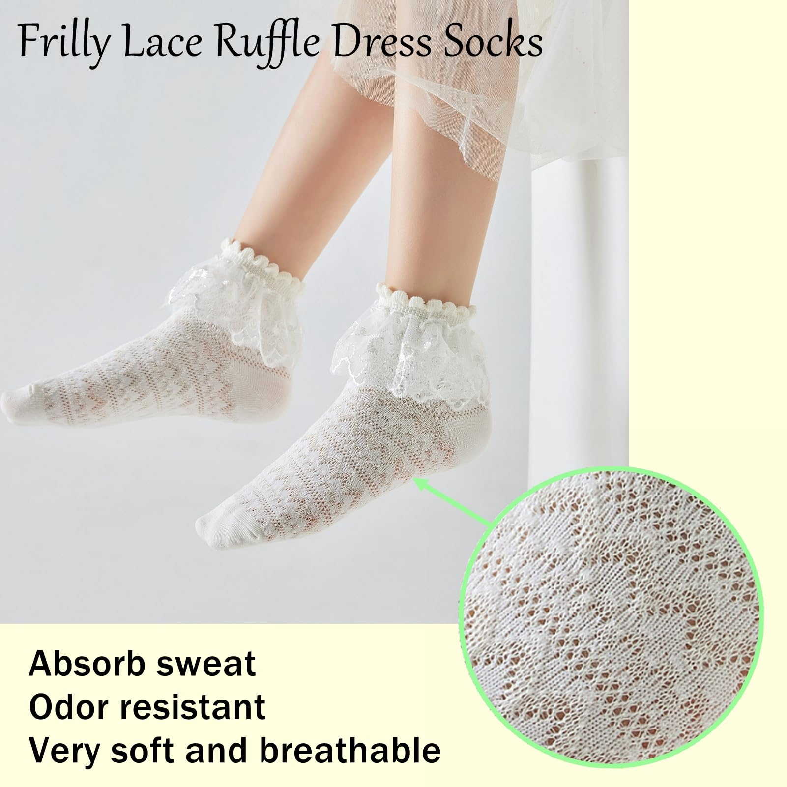 5 Pairs Girls Mesh Ruffle Lace Trim Cotton Ankle Socks - Princess Style Frilly Dress Socks for Toddler Girls - Perfect for Parties, School & Special Occasions