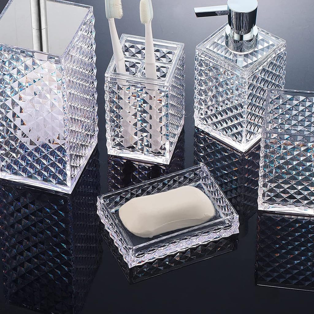 Premium Diamond Hand Sanitizer Bottle & Toothbrush Cup Holder Set - Luxury Bathroom Toiletries Organizer Kit for Home, Hotel, Spa, and Travel Essentials