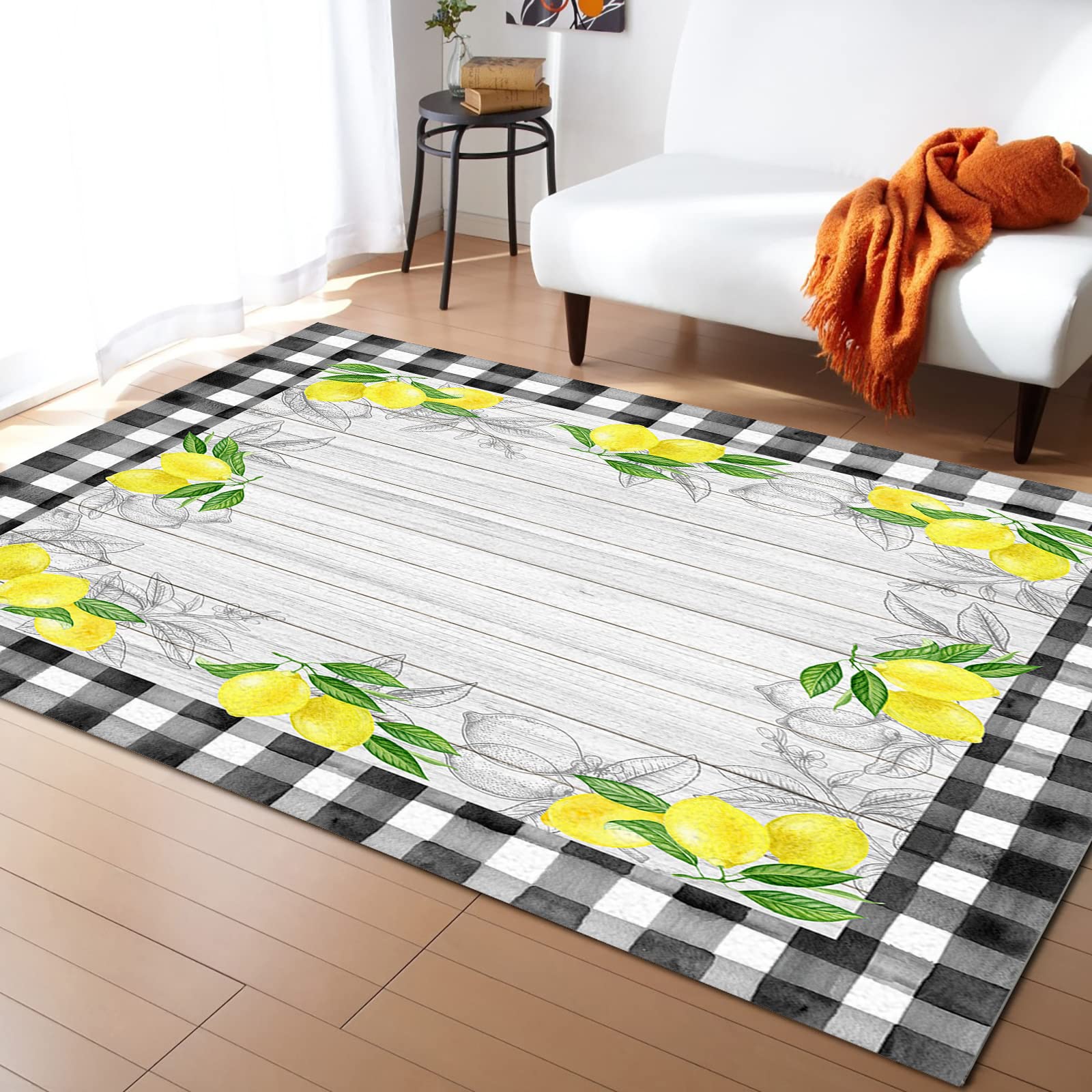 AmbeHome 5' x 7' Large Area Rug - Non-Slip Washable Floor Carpet for Bedroom, Living Room, Kitchen, Bathroom | Farmhouse Wooden Grain Checkered Design | Perfect for Home Decor, Summer Vibes & Outdoor Use