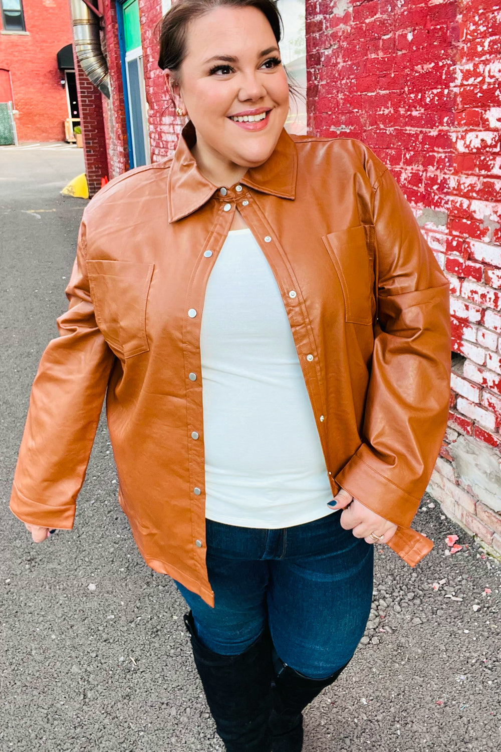 Rust Vegan Leather Snap Button Shacket - Eco-Friendly & Stylish Jacket for Men & Women | Perfect for Fall & Winter Outfits