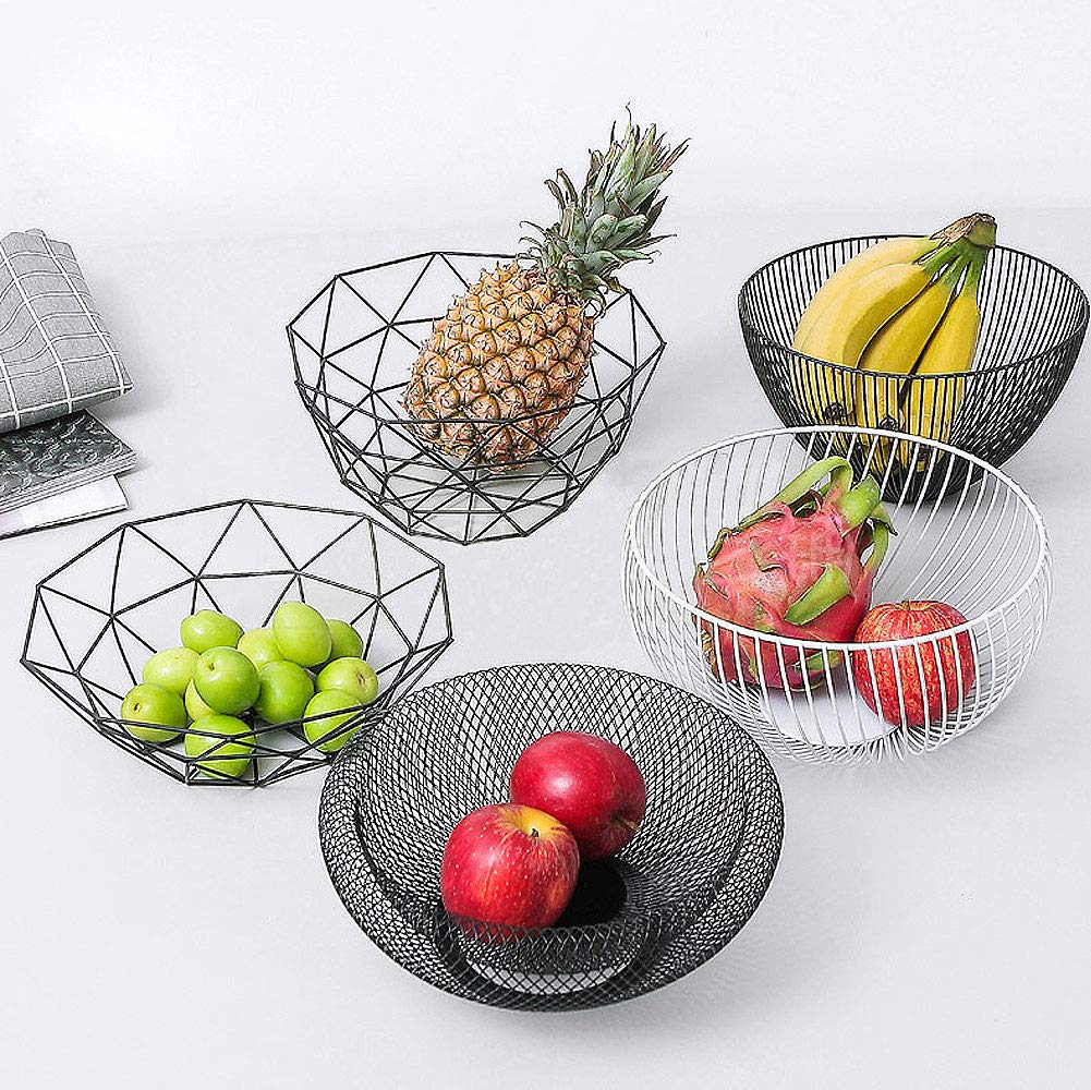 Modern Geometric Metal Wire Fruit Basket - Stylish Iron Art Kitchen Countertop Storage for Apples, Oranges & Bananas (Black) - Perfect for Dining Table, Pantry & Farmhouse Decor