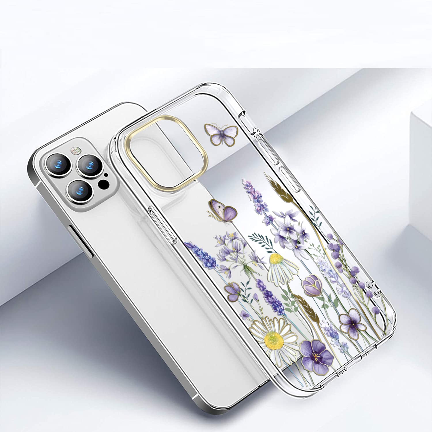 Luolnh iPhone 14 Pro Max Case with Floral Design - Shockproof Clear Hard Back Cover for Women (6.7 inch 2022 Model, Blue Purple Wildflower) - Perfect for Everyday Protection & Stylish Accessory