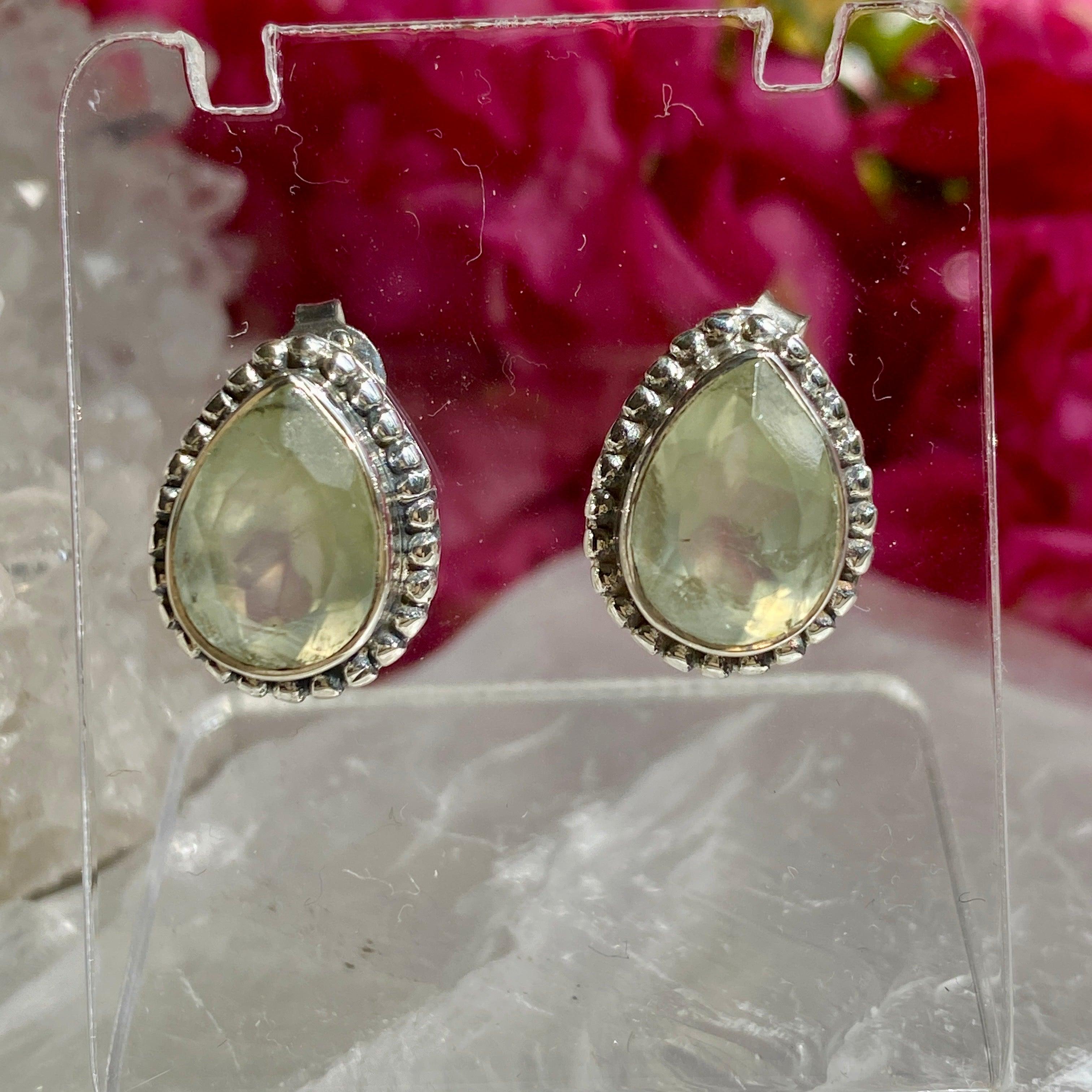 Prehnite Faceted Teardrop Stud Earrings - Handmade Gemstone Jewelry for Women - Perfect for Weddings, Parties & Everyday Wear
