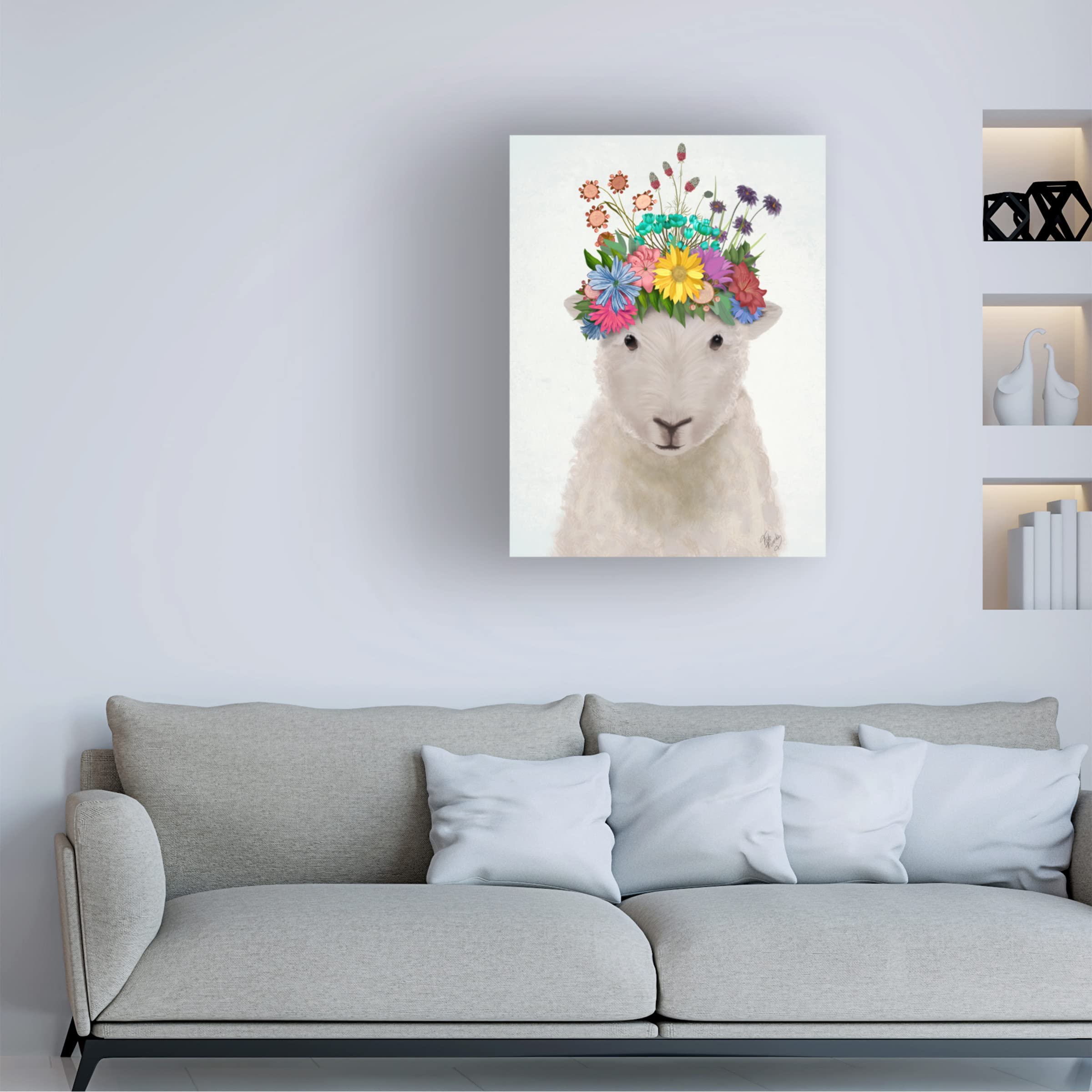 Fab Funky 'Sheep with Flower Crown 1' Canvas Wall Art Print - Modern Home Decor for Living Room, Bedroom & Office