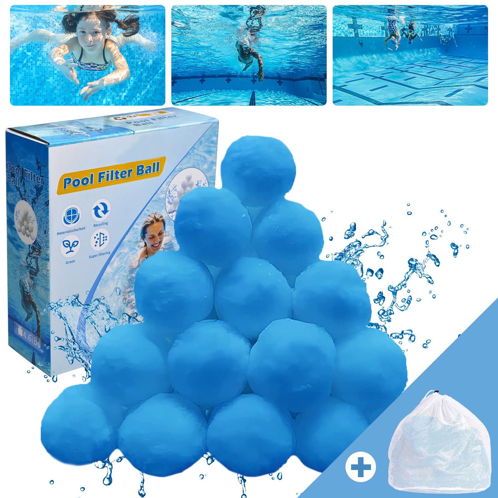 4.6 lbs Eco-Friendly Fiber Pool Filter Balls - Sand Filter Replacement for Above Ground Pools, Reusable Filter Media (Equivalent to 150 lbs Sand) - Perfect for Backyard, Inground & Above Ground Pool Maintenance