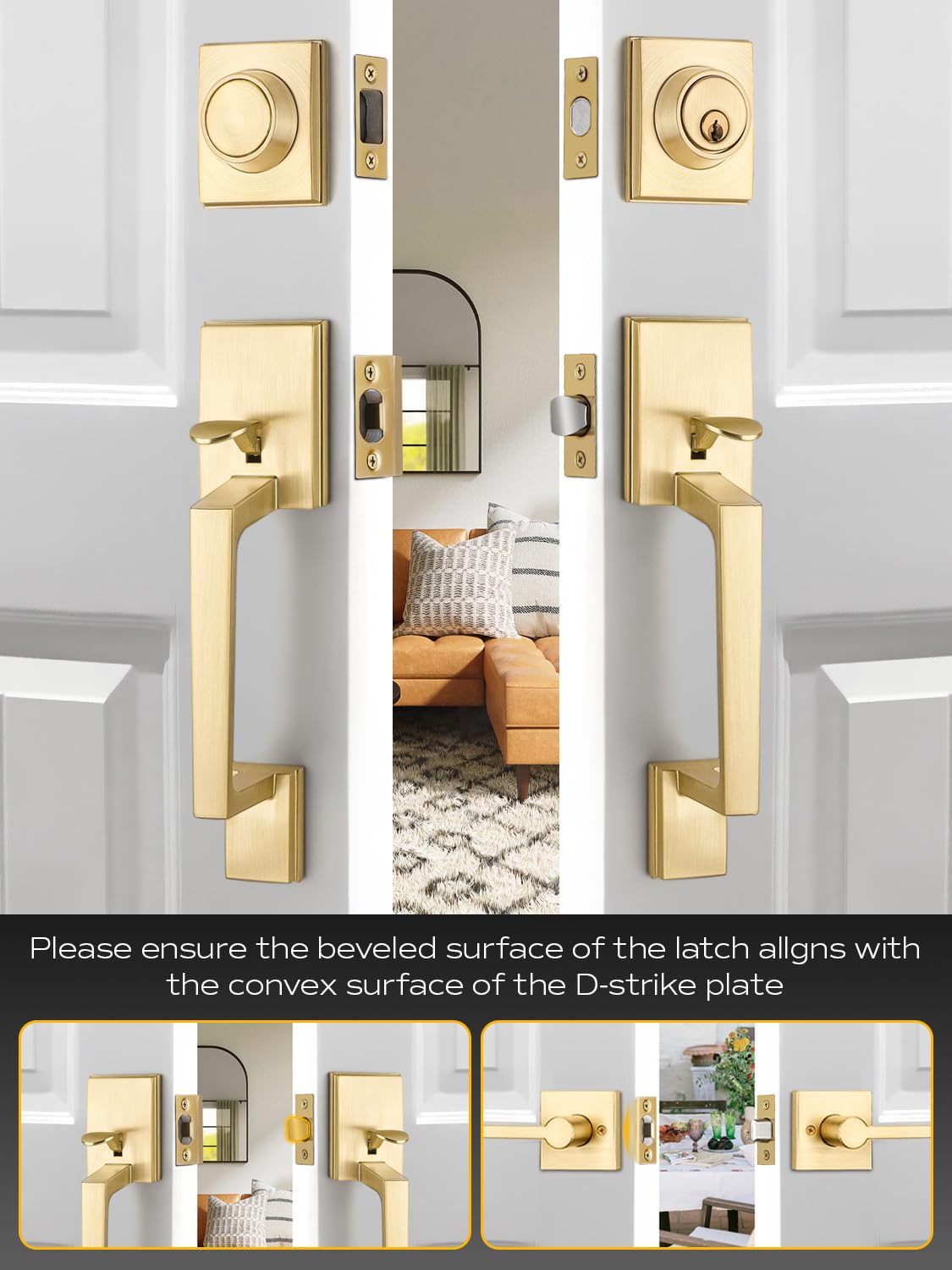 EHOMEWARE Satin Brass Square Door Lever Set - 1 Pack Exterior Door Knob & Deadbolt Combo, Heavy Duty Front/Back/Office Door Lock Handle - Perfect for Home, Business & Security Upgrade