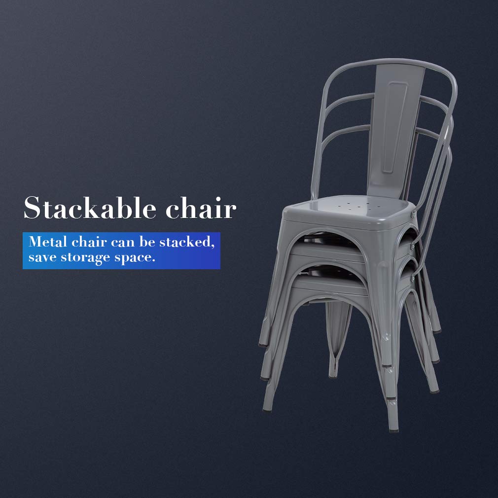FDW Metal Dining Chairs - Stackable Indoor/Outdoor Chairs for Patio, Restaurant & Kitchen - Tolix Style Bar Height Chairs with Comfortable Seat - Perfect for Dining Rooms, Cafes & Outdoor Entertaining (Gray)