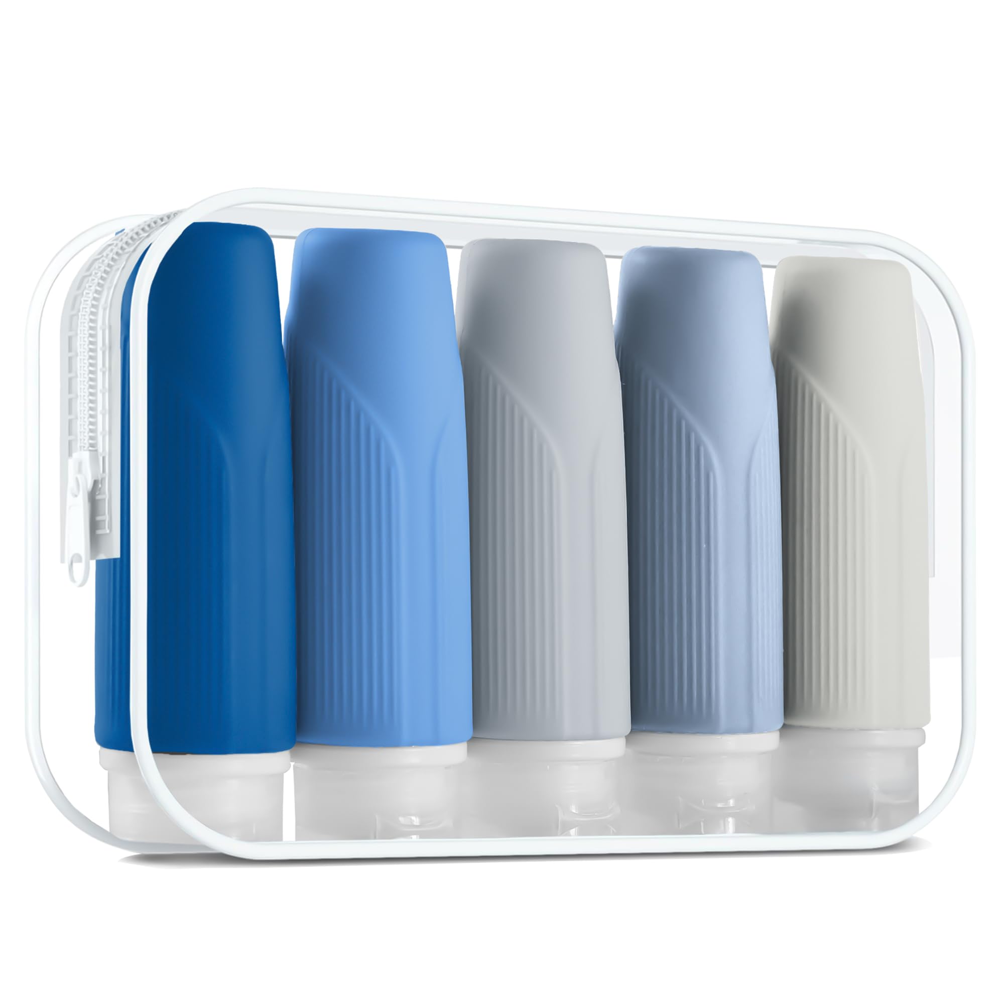 3 Oz Silicone Travel Bottles Set of 5 - TSA Approved Leak Proof Squeezable Toiletry Containers with Zipper Pouch & Labels for Shampoo, Conditioner, Lotion (Blue) - Perfect for Air Travel, Gym, Camping & Vacation Essentials