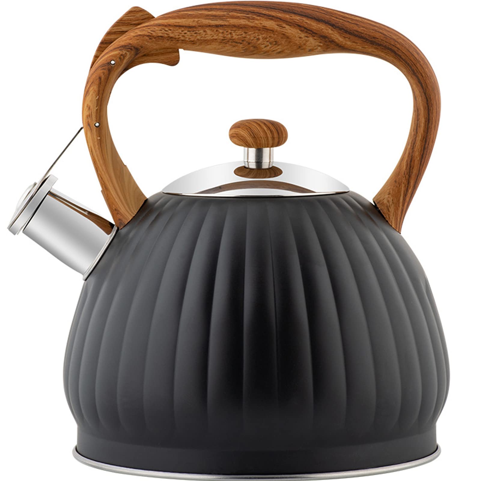 Kaiwern 3.5L Stainless Steel Whistling Tea Kettle - Pumpkin Shaped Stovetop Pot with Wood Grain Handle for Gas & Induction Cooktops - Perfect for Boiling Water, Brewing Tea, Heating Milk & Coffee - Classic Black Cream Design