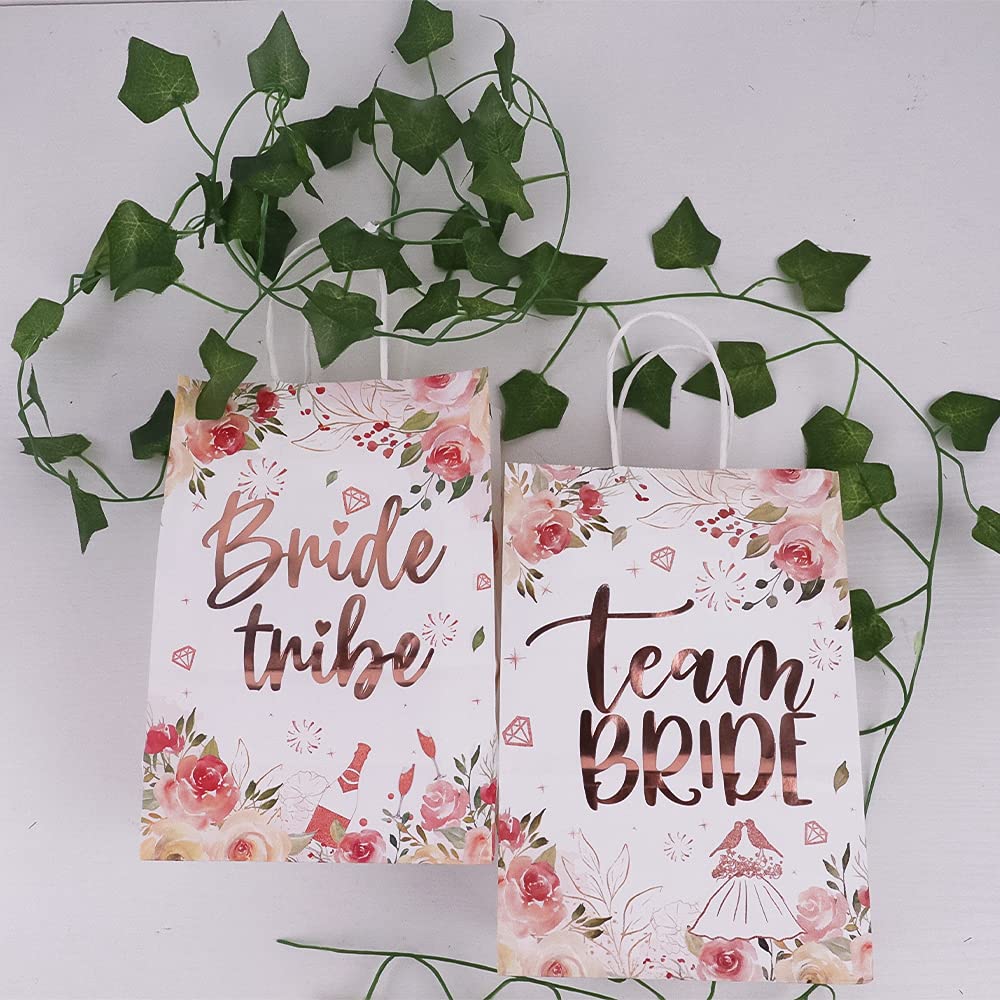 Team Bride Bags with Handles - Rose Gold Floral Bridesmaid Gift Bags for Bachelorette Party, Bridal Shower & Wedding Favors - Perfect for Bride Tribe, Hen Party & Wedding Decorations