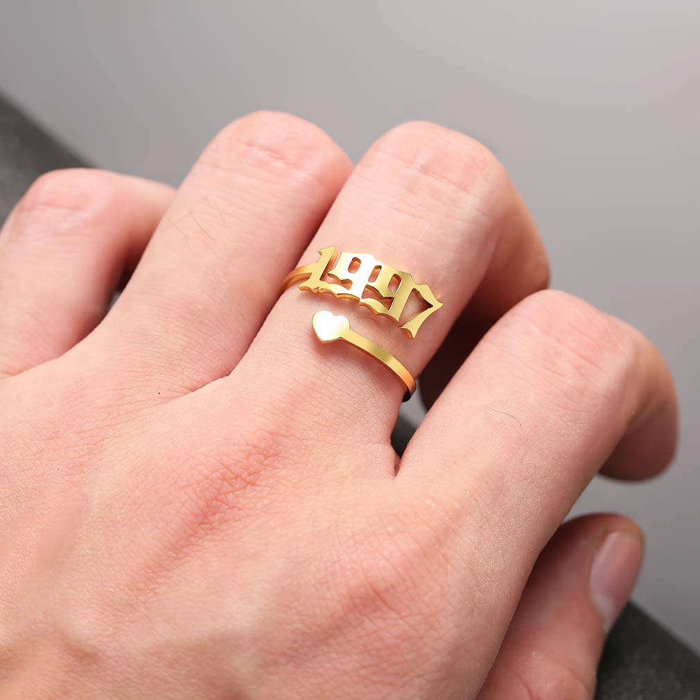 SKQIR Adjustable Initial Number Birth Year Ring for Women - Gold/Silver Stainless Steel Open Promise Ring, Engagement Wedding Band - Perfect Jewelry Gift for Girlfriend, Anniversary, Birthday (Great for Everyday Wear & Special Occasions)
