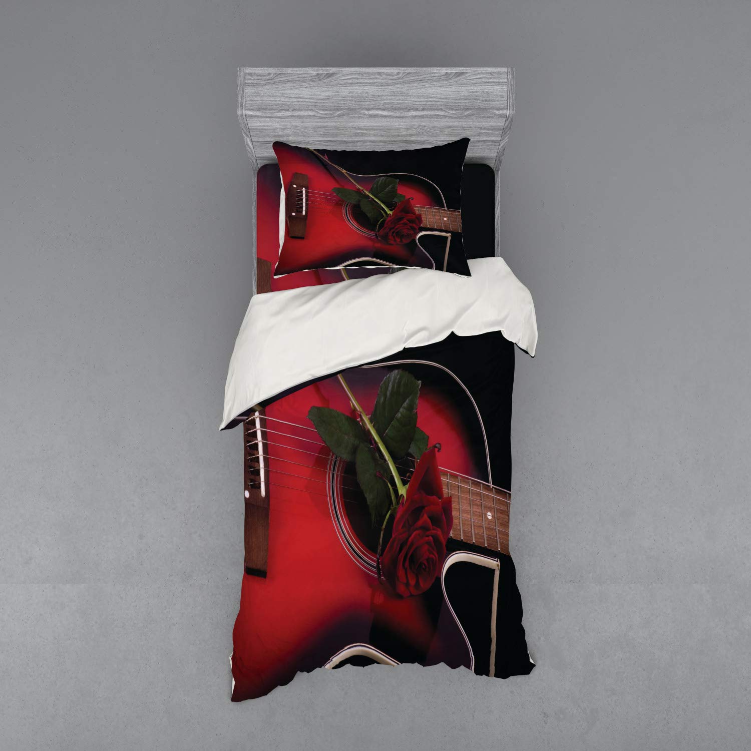 Ambesonne Red and Black Duvet Cover Set - Spanish Musician Portugal Handmade Guitar with Romance Theme & Love Rose - 3 Piece Bedding Set with Sham & Fitted Sheet - Twin XL Size - Ruby & White - Perfect for Bedroom Decor, Gift for Musicians & Couples