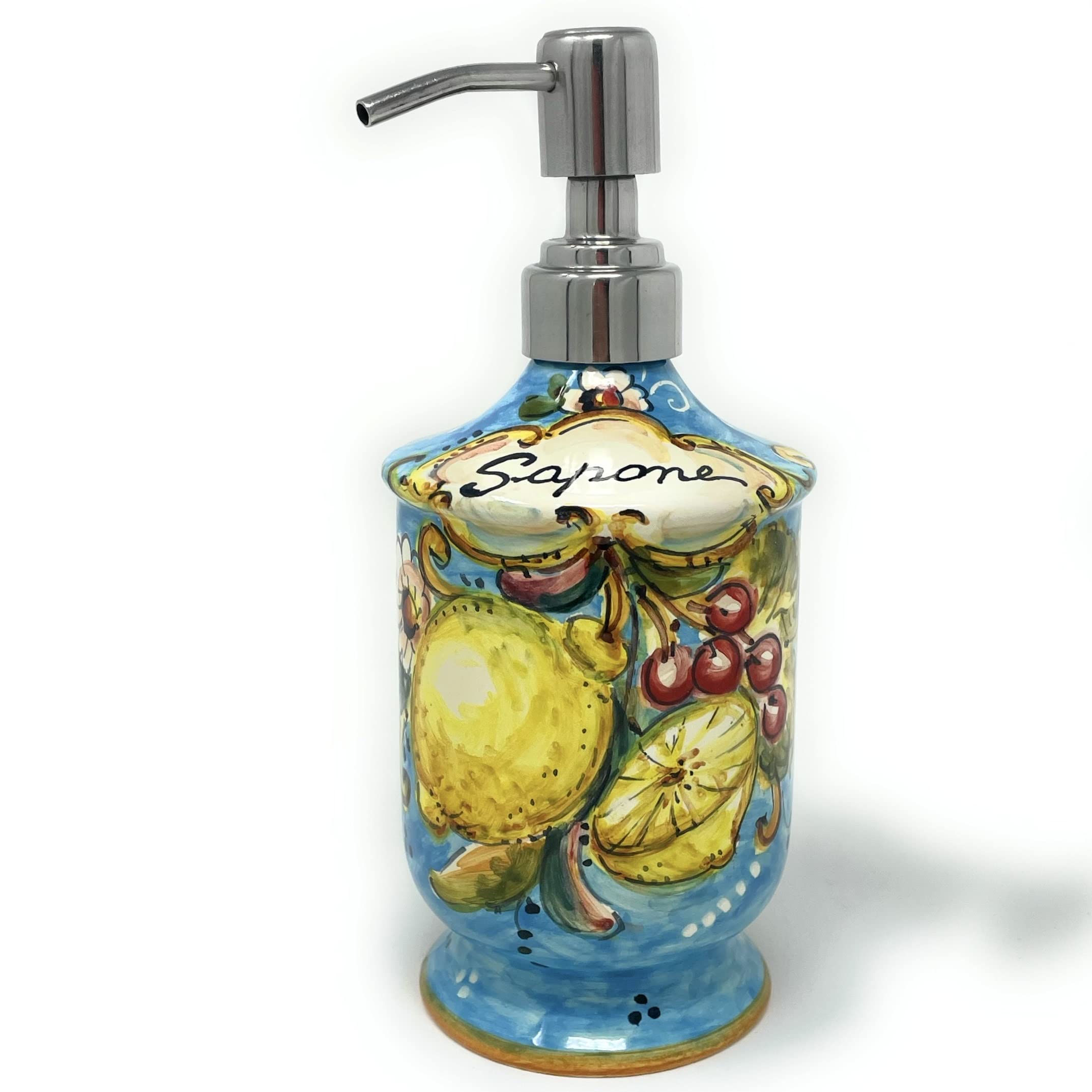 Italian Ceramic Soap Dispenser - Hand Painted Lemon Pattern, Rust Proof Stainless Steel Pump, Amalfi Style for Bathroom & Kitchen Decor | Made in Italy | Perfect for Coastal, Farmhouse, and Mediterranean Home Decor