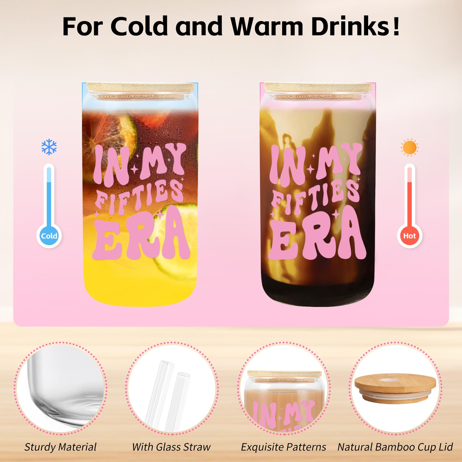 50th Birthday Gifts for Women - 16oz In My FIFTIES Era Glass Coffee Cup - Unique Birthday Gift Idea for Mom, Friends & Coworkers - Perfect for Coffee, Tea & Office Use (50th Cup)