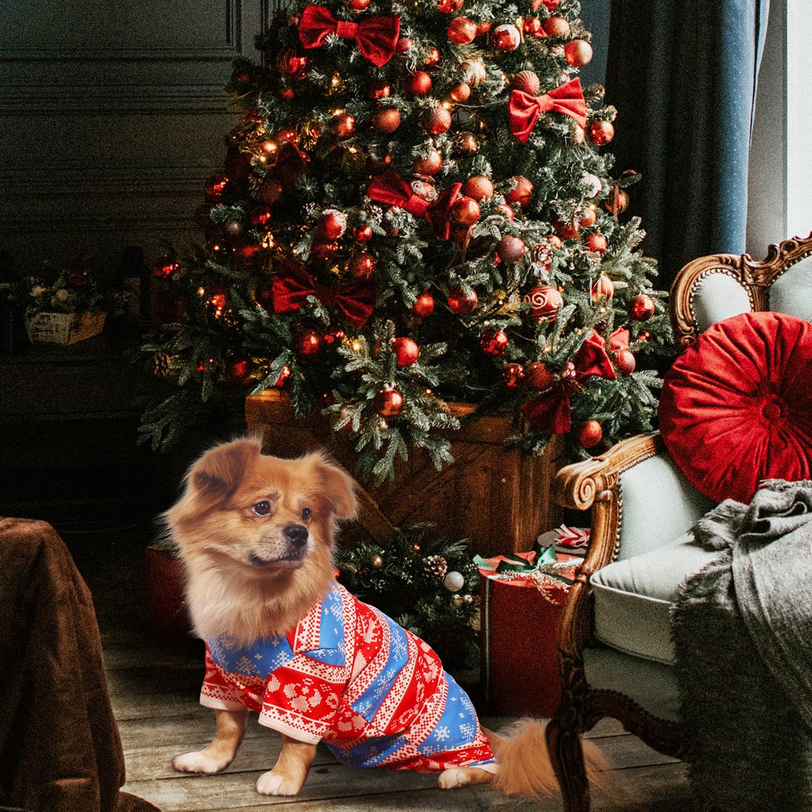 TONY HOBY Dog Pajamas for Small & Medium Dogs - Cozy Winter Dog Jumpsuit with Snowflake Pattern, Warm Pet Shirts (Red & White, Girl, L) - Perfect for Indoor Sleeping & Cold Weather Outfits