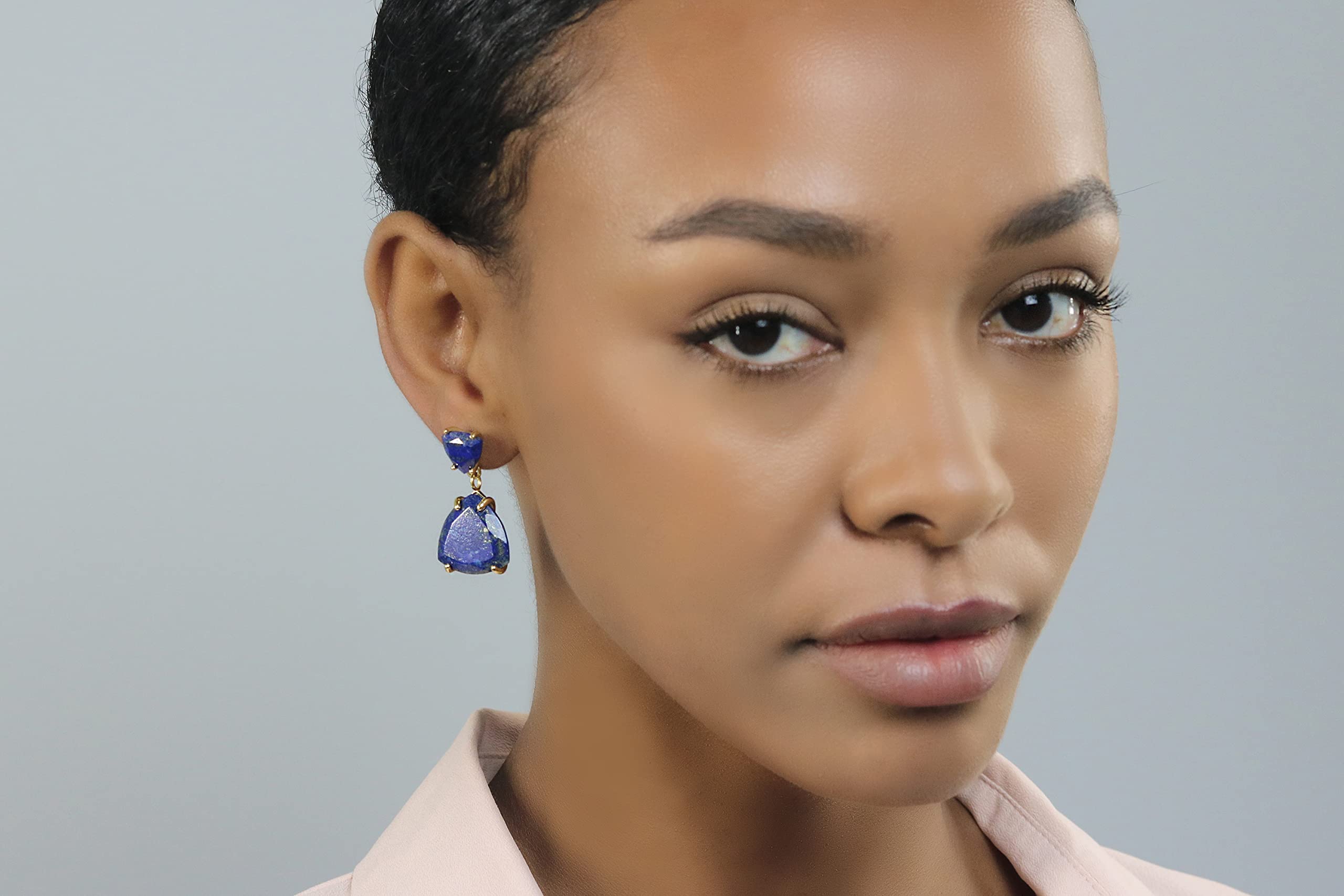 Lapis Lazuli and Anemone Double Stone Dangling Earrings for Women - September Birthstone Statement Jewelry - Elegant Blue Gemstone Gold Earrings - Perfect Gift for Birthday, Anniversary, and Special Occasions