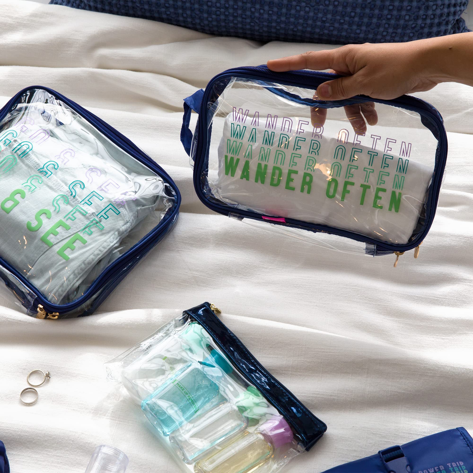 Miamica 3-Piece Packing Cubes Set - Small, Medium & Large Travel Organizers with Clear Blue Wander Design - Durable Suitcase Organizer for Clothes & Accessories - Perfect for Business Trips, Vacations & Weekend Getaways