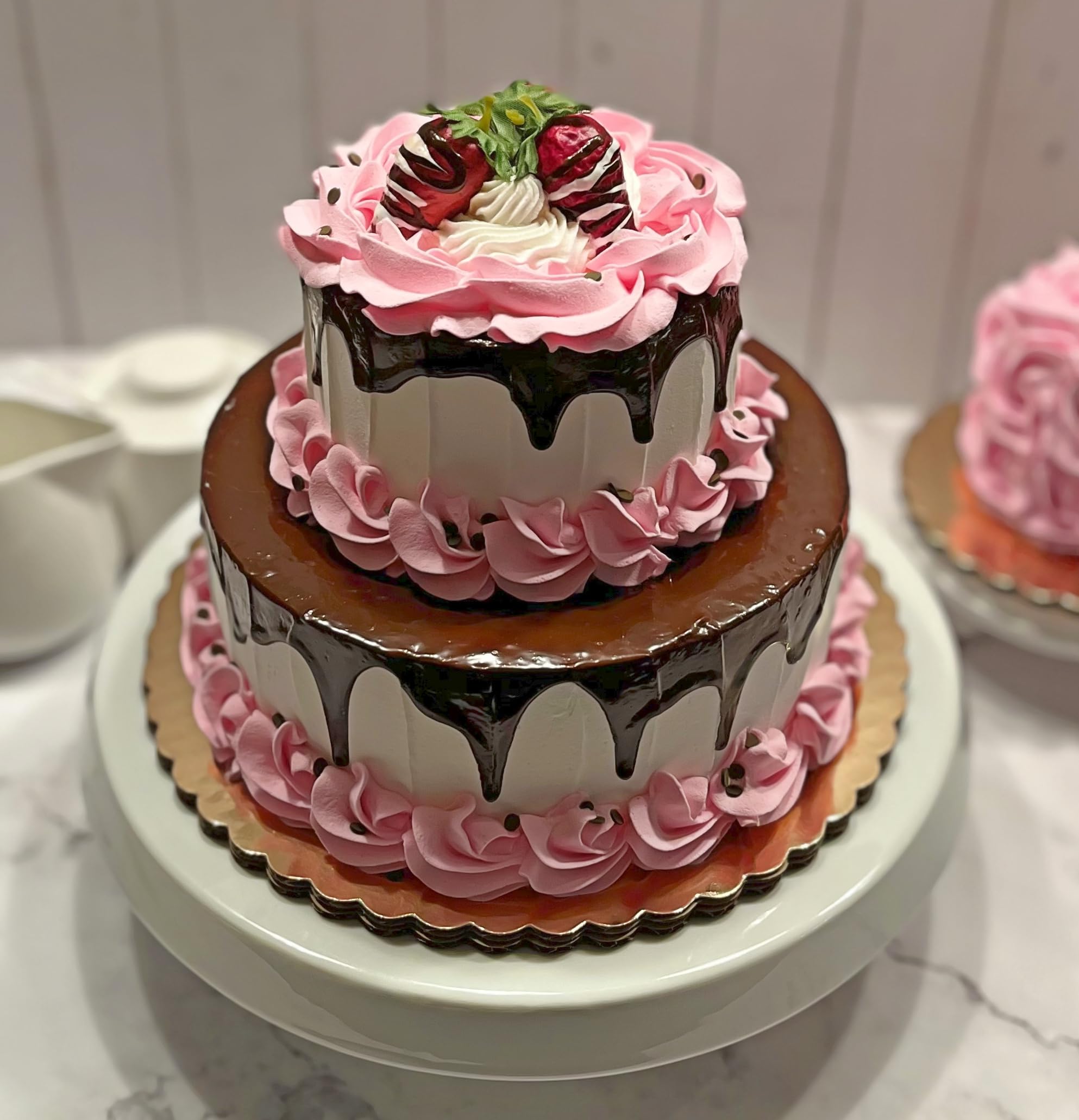 2-Tier Pink Valentine Fake Cake with Chocolate Drizzle - Handmade Artificial Decorative Cake by Dezicakes - Perfect for Wedding Centerpieces, Party Decorations & Photo Props
