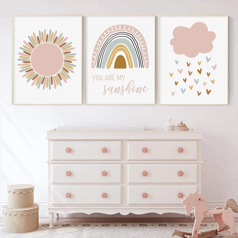 Boho Pink Rainbow Clouds Nursery Poster - 'You Are My Sunshine' Canvas Wall Art for Kids Room, Girls Bedroom & Home Decor - 40x50cm (12x16 Inch) Set of 3 Unframed Paintings - Perfect for Baby Showers, Birthday Gifts & Nursery Wall Decor