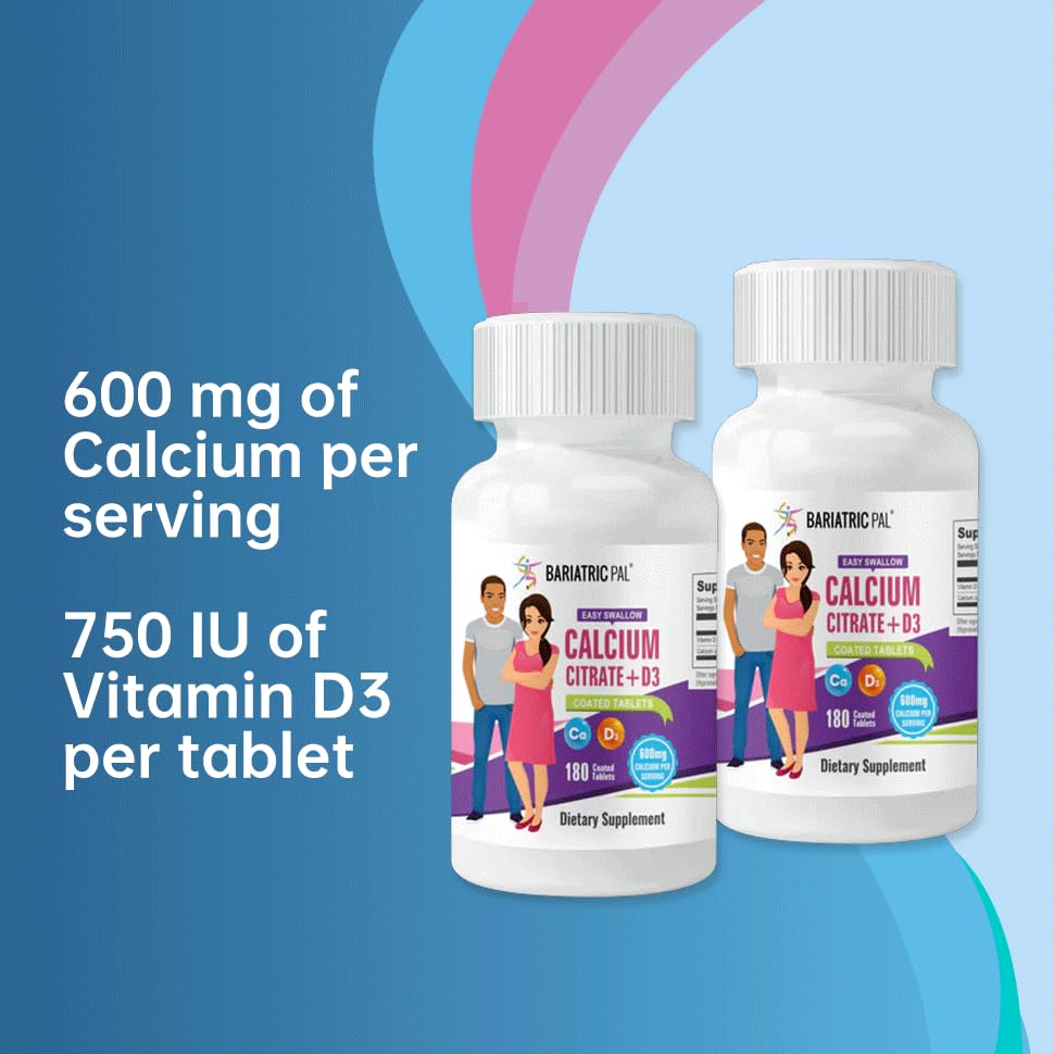BariatricPal Easy Swallow Calcium Citrate 600mg with Vitamin D3 - 180 Coated Tablets (6 Month Supply) for Strong Bones & Joint Support - Ideal for Seniors, Post-Surgery Recovery & Weight Loss Patients