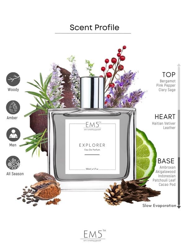 EM5™ Explorer Men's Perfume | Woody Fresh Spicy Cologne | Long Lasting Eau de Parfum Spray | Luxury Gift for Him | Perfect for Date Night, Office & Special Occasions