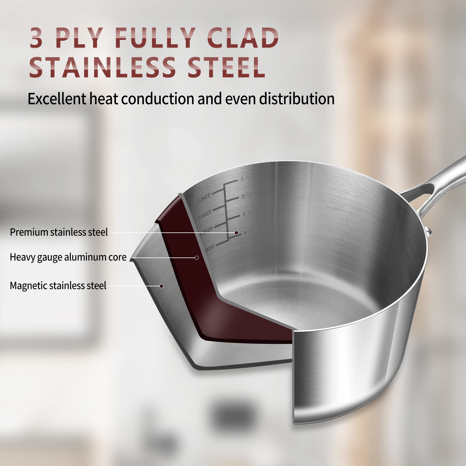 Tri-Ply 3 QT Stainless Steel Saucepan with Lid - 20CM Induction Cookware, Oven & Dishwasher Safe Sauce Pot with Detachable Handle - Perfect for Soups, Stews, Pasta & Home Cooking