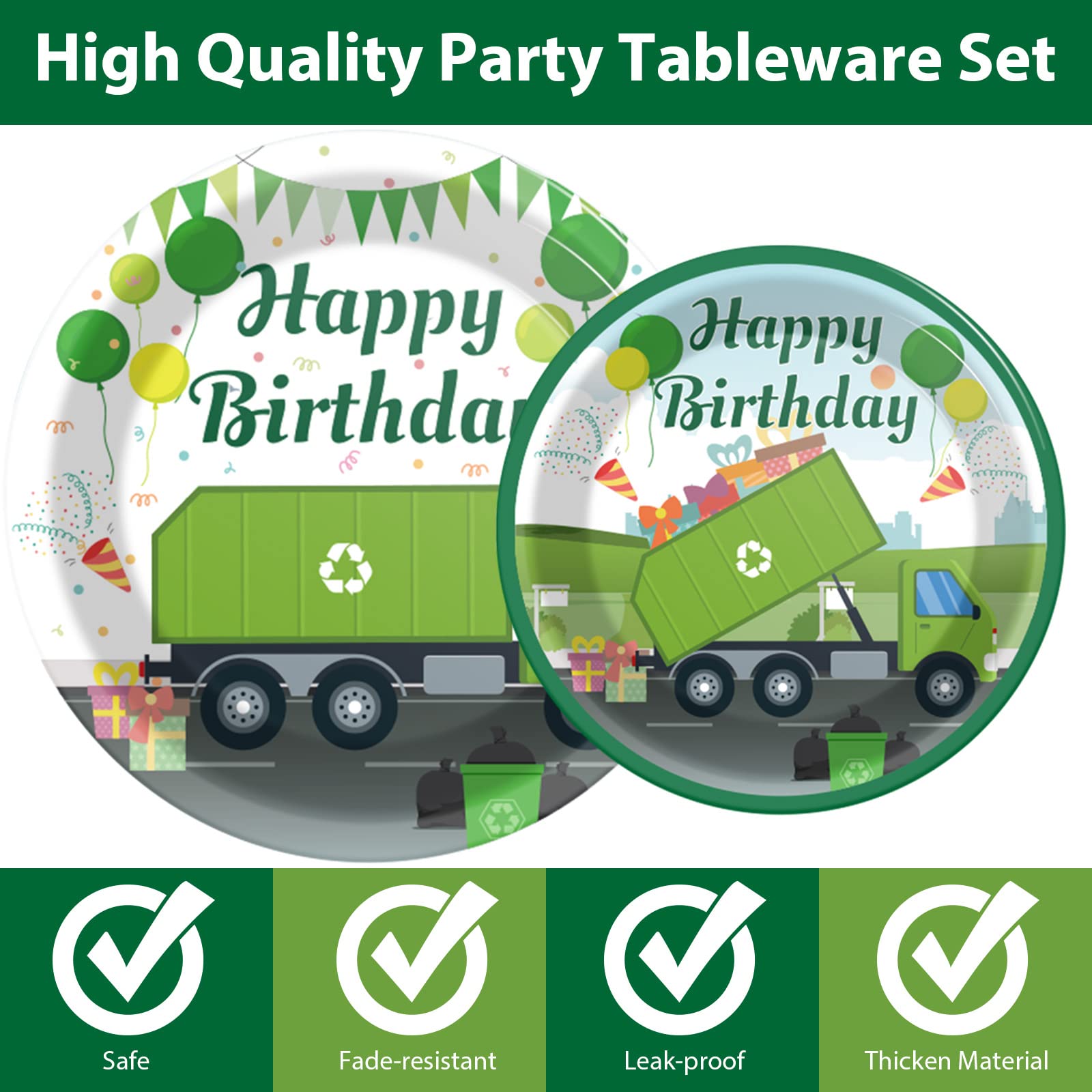 96-Piece Garbage Truck Themed Birthday Party Supplies Set - Includes Plates, Napkins & Tableware for 24 Guests | Waste Management & Recycling Theme Decor for Kids Birthday, Baby Shower & Truck-Themed Events | Perfect for Indoor & Outdoor Celebrations