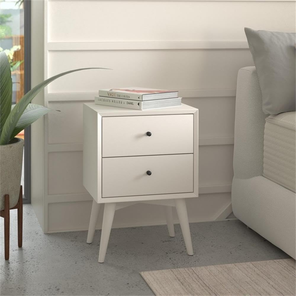 Allora Mid Century Modern White Wood 2-Drawer Nightstand - Bedside Table for Bedroom, Living Room & Guest Room Storage