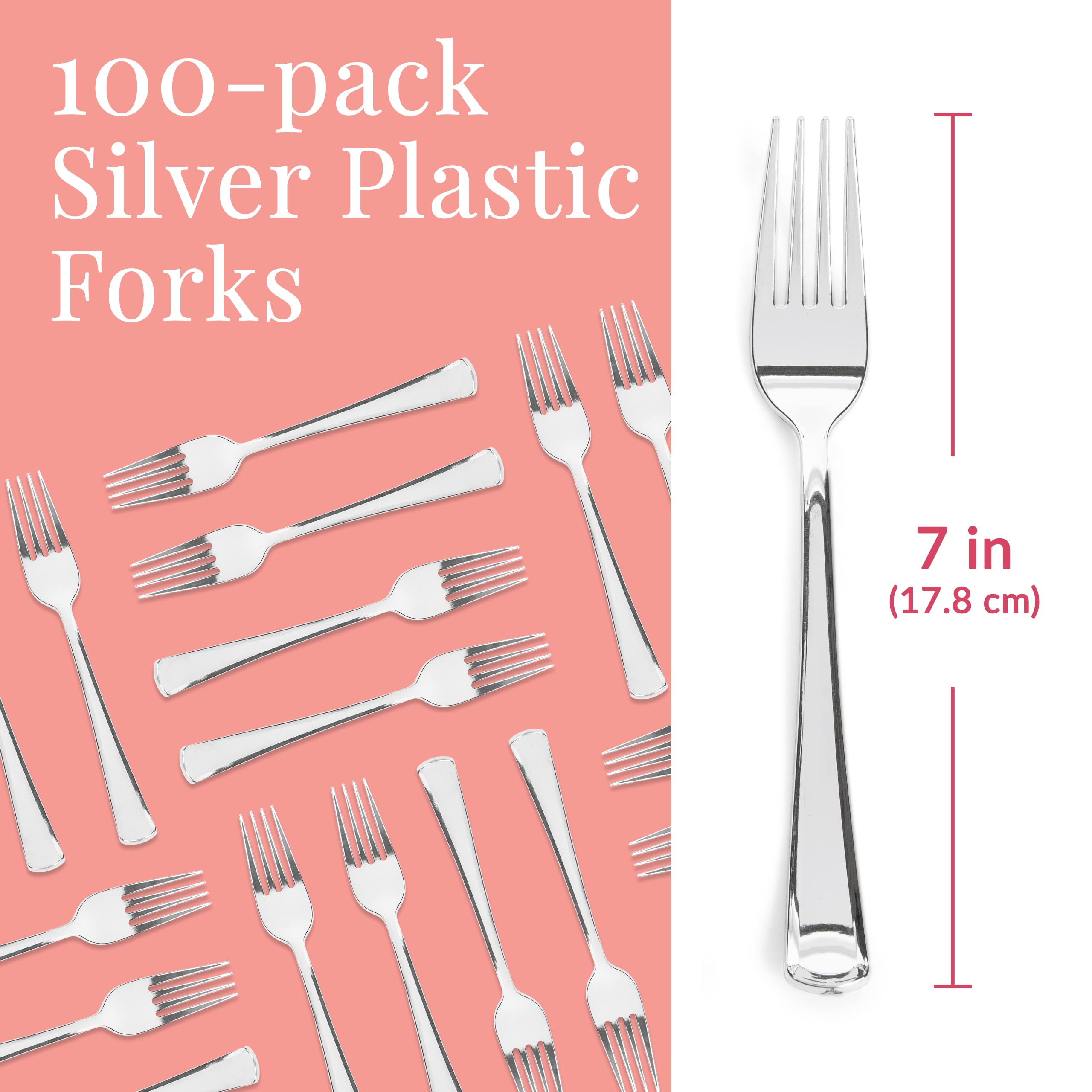 Prestee 100-Pack Heavy-Duty Silver Plastic Forks - Elegant Disposable Cutlery Set for Parties, Weddings, Holidays & Events - Durable Fancy Plastic Silverware for Catering, Picnics & Home Entertaining