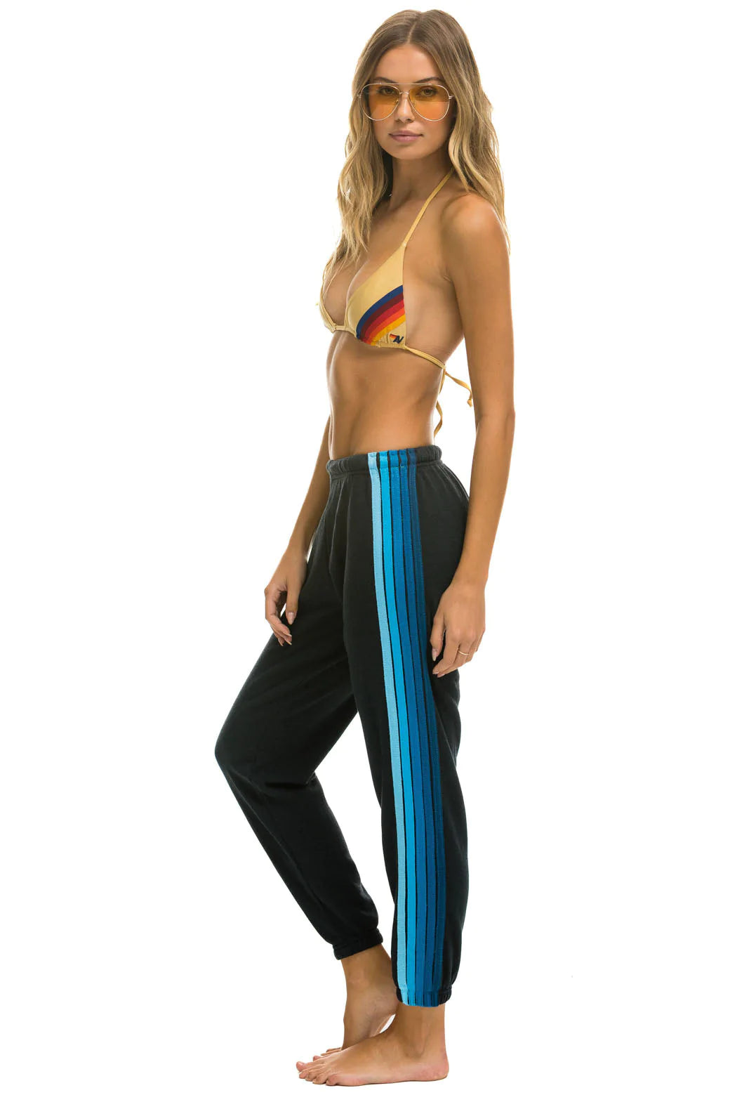 Aviator Nation Women's 5 Stripe Fleece Sweatpants - Charcoal Grey Blue | Soft Lounge Pants for Yoga, Running & Casual Wear