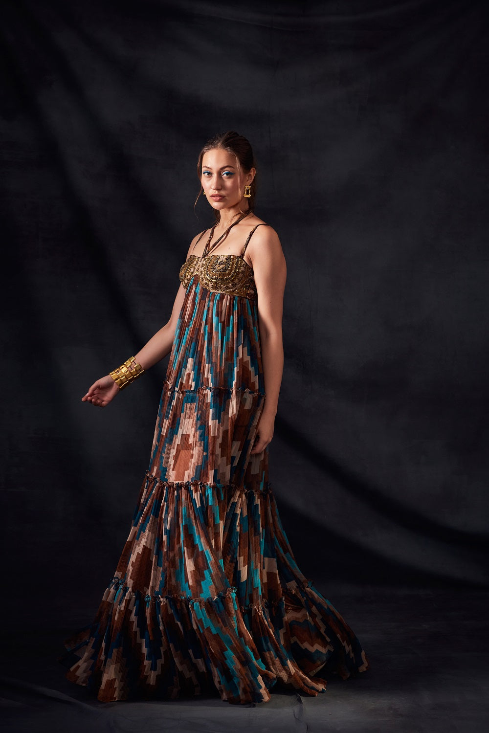 Turquoise Grid Print Maxi Dress with Aged Gold Embroidery - Boho Chic Summer Beach Dress for Vacation & Party Wear