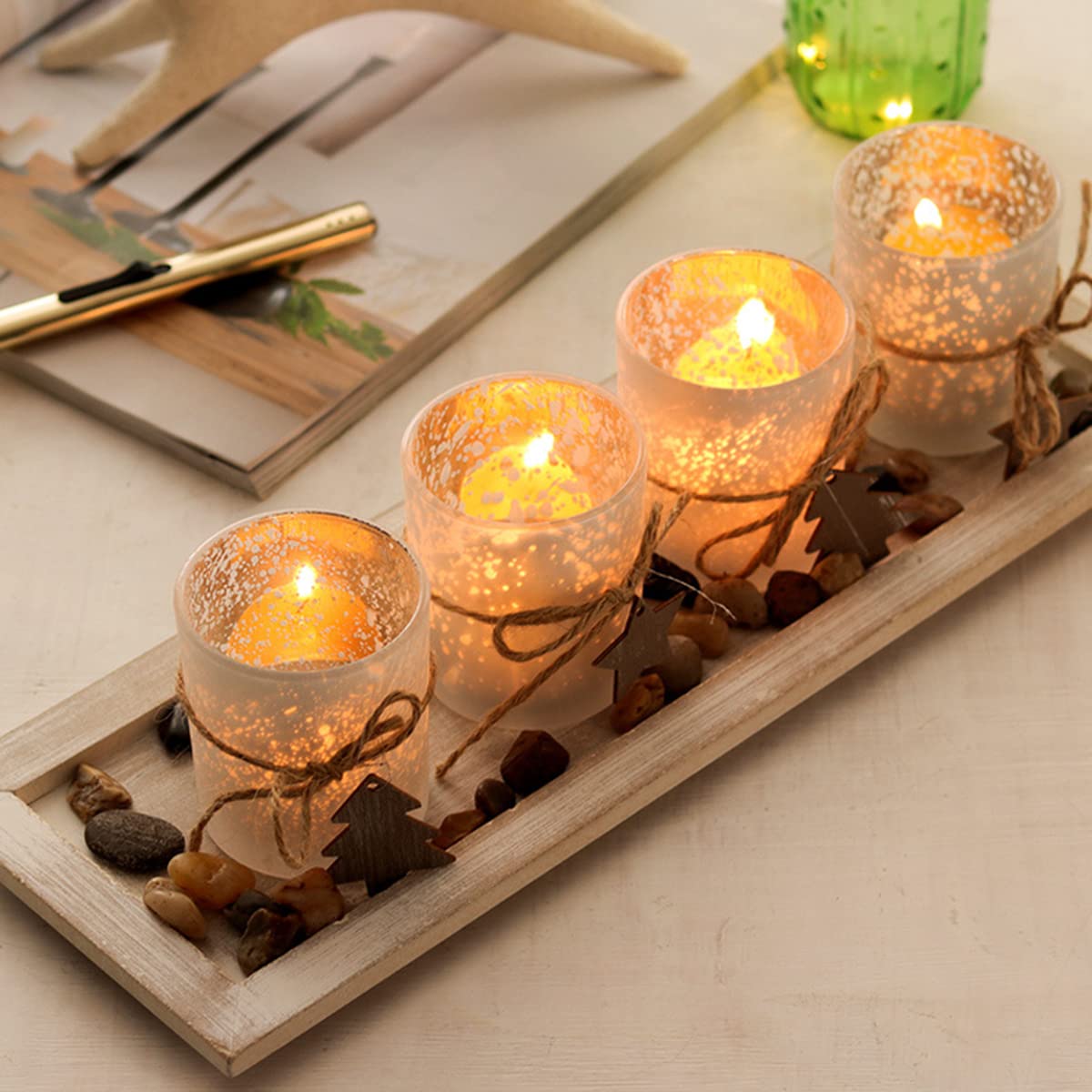 4-Piece Glass Candle Holder Set with Tray - Christmas Tealight Centerpiece for Dining Table & Living Room Decor