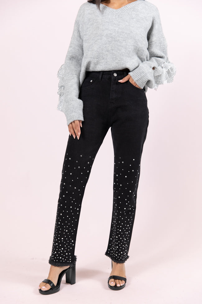 LaDonna Women's Black Rhinestone Embellished Jeans - High Waist Skinny Denim Pants for Casual Wear & Night Out
