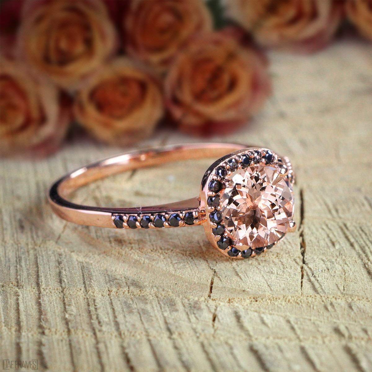1.25 Carat Round Cut Morganite & Black Diamond Engagement Ring in 18K Gold Plating - Elegant Wedding, Proposal & Anniversary Jewelry Gift for Her