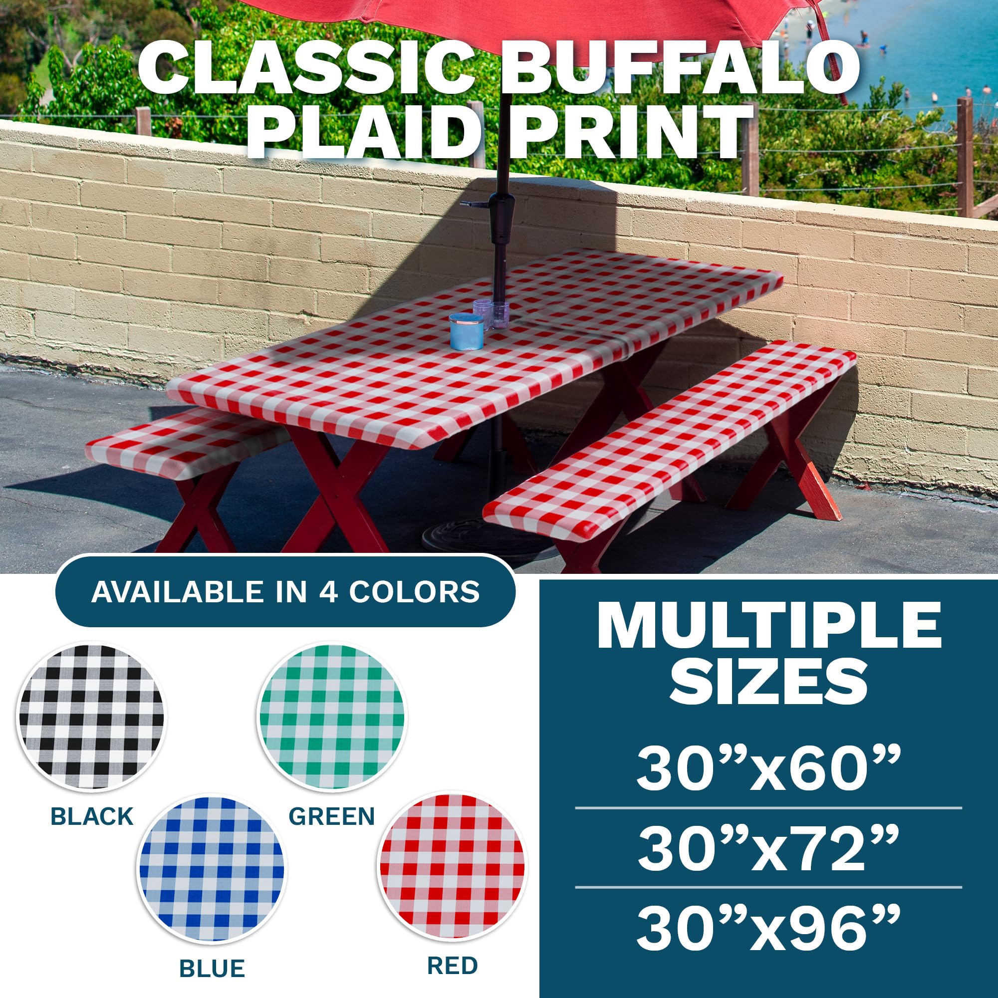 Sorfey 30x72 Inch Vinyl Umbrella Picnic Table and Bench Set with Checkered Flannel-Backed Tablecloth Cover - 3-Piece Outdoor Dining Set for Patio, Backyard, Camping (Red)