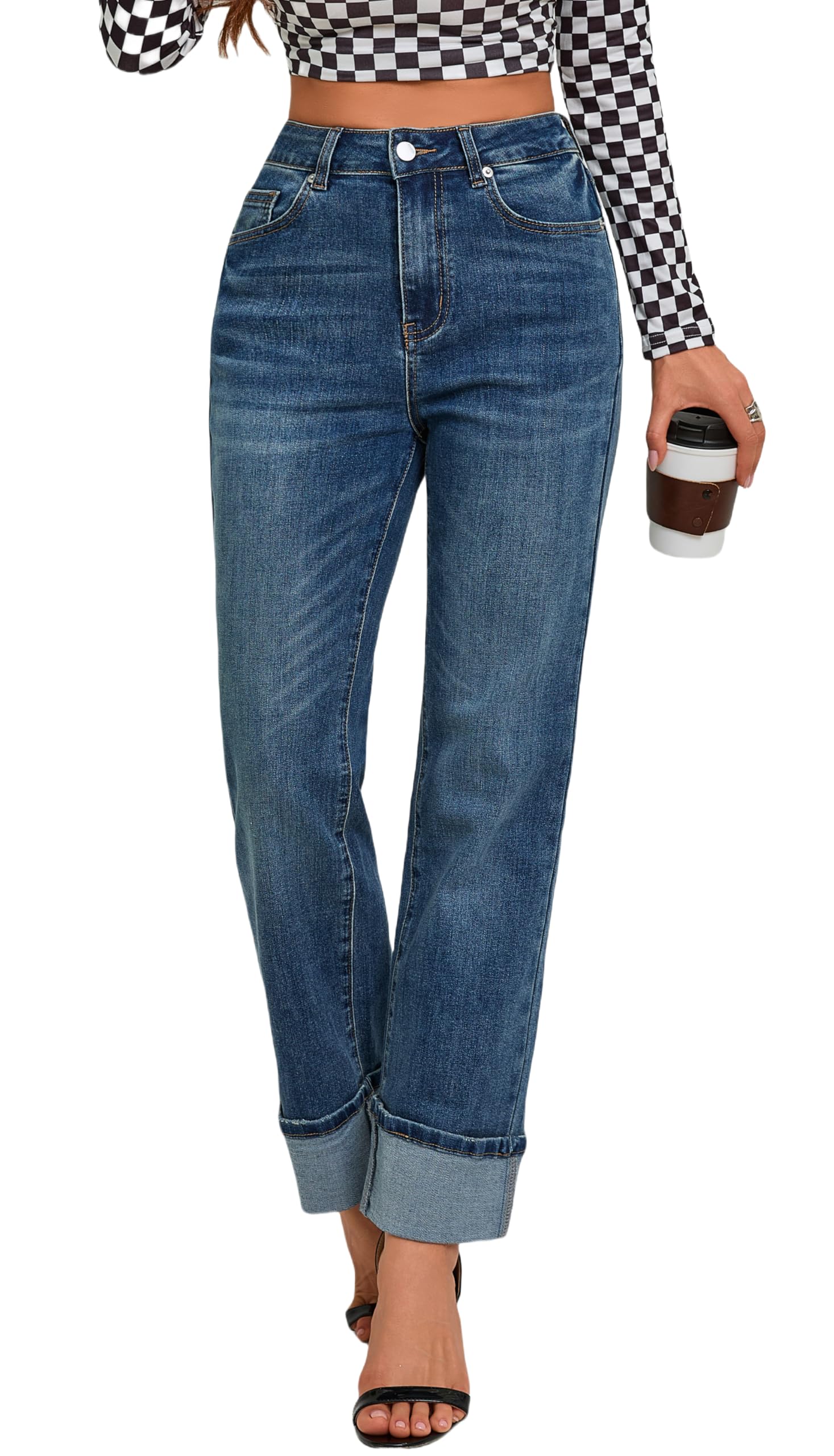 Women's High Waisted Stretchy Straight Leg Jeans - Tummy Control Slimming Ankle Fold Hem Pants | Trendy Casual & Work Office Wear