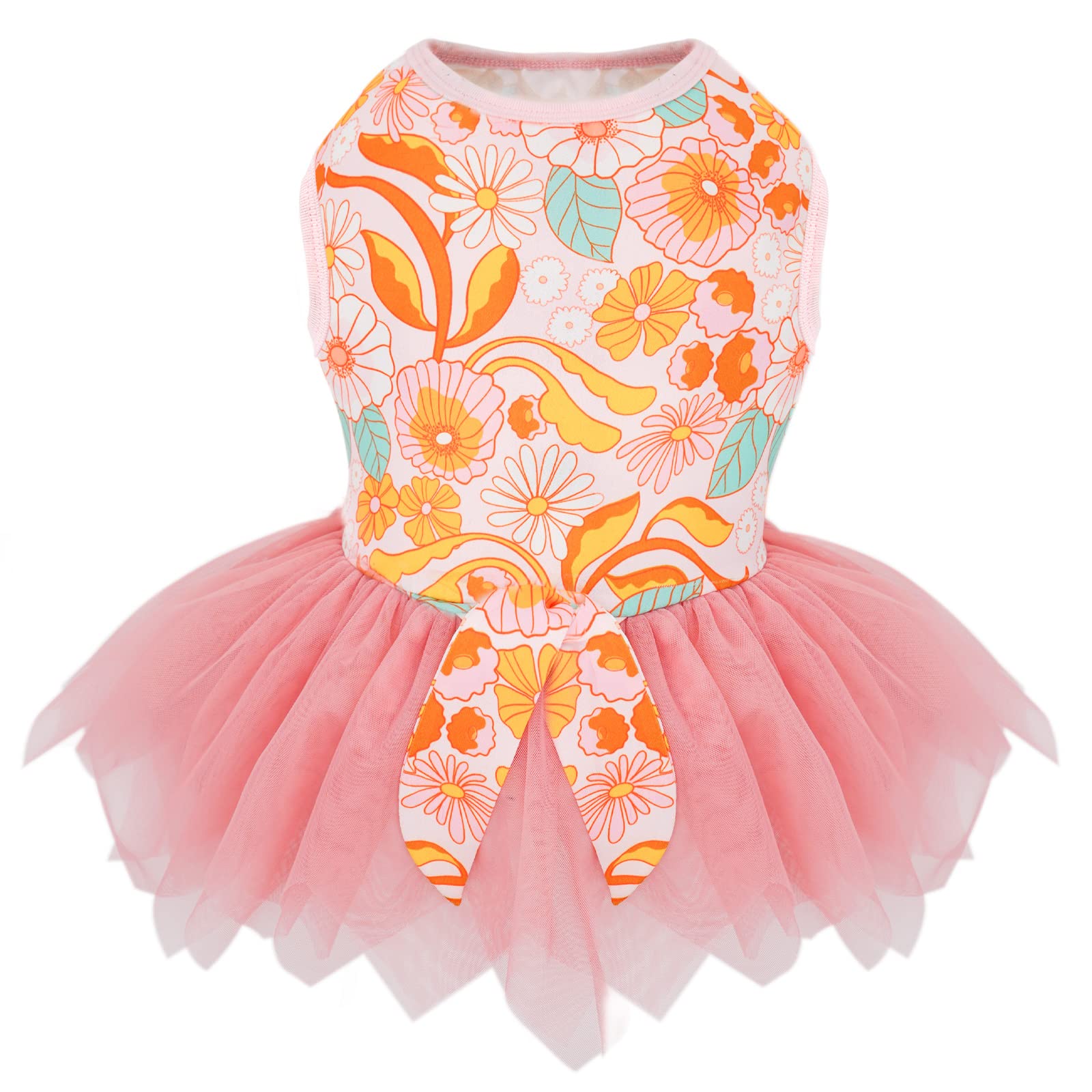 KYEESE Floral Tiered Tutu Dog Dress - Orange Pet Costume for Small Dogs | Holiday, Party & Photo Shoot Outfits for Puppies