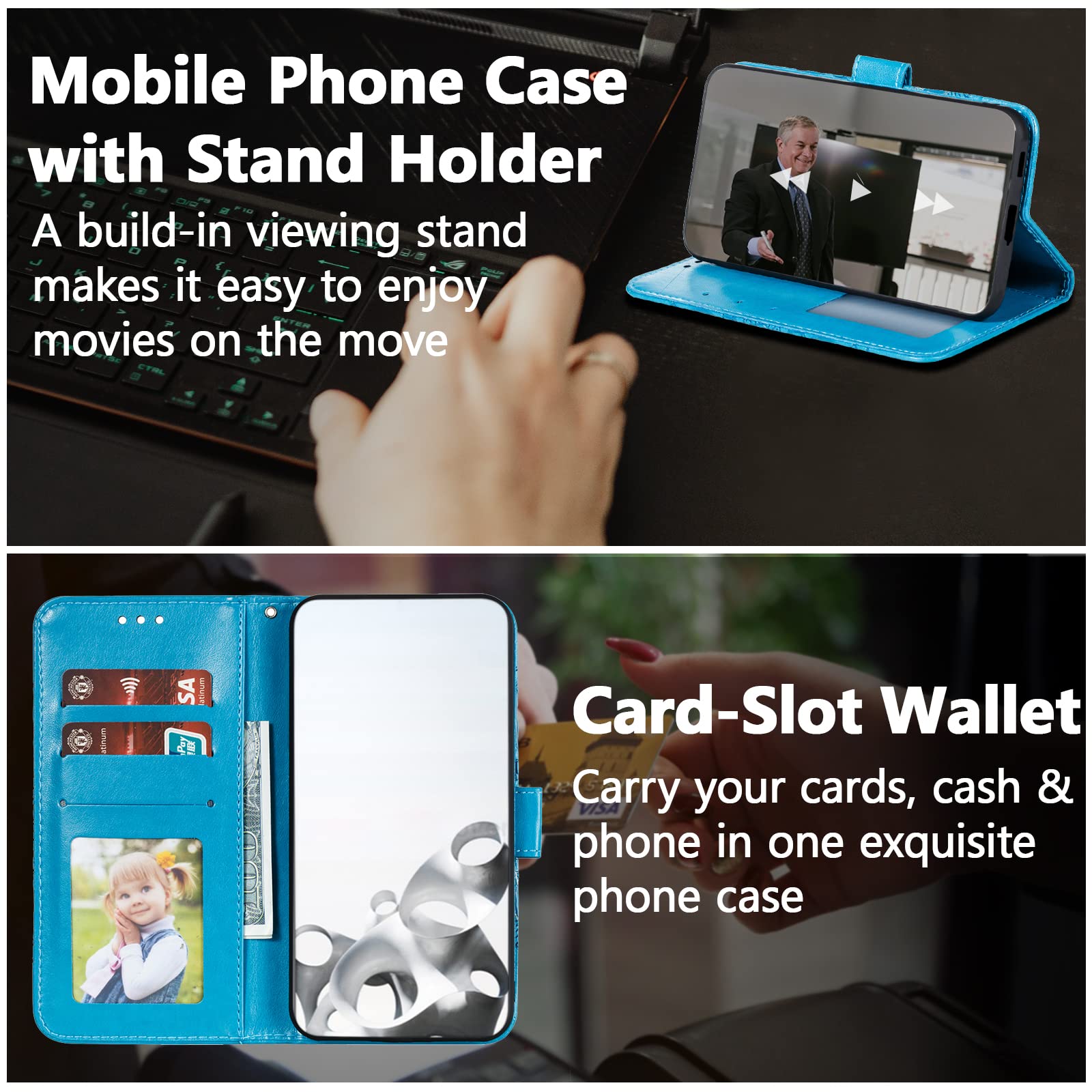 Premium EYZUTAK Mandala Leather Flip Wallet Case for iPhone SE (5G) 2022/iPhone 7/8/SE 2020 - Slim Magnetic Stand Cover with Card Slots & Lanyard (Blue Embossed Design) | Perfect for Daily Use, Travel & Business Meetings